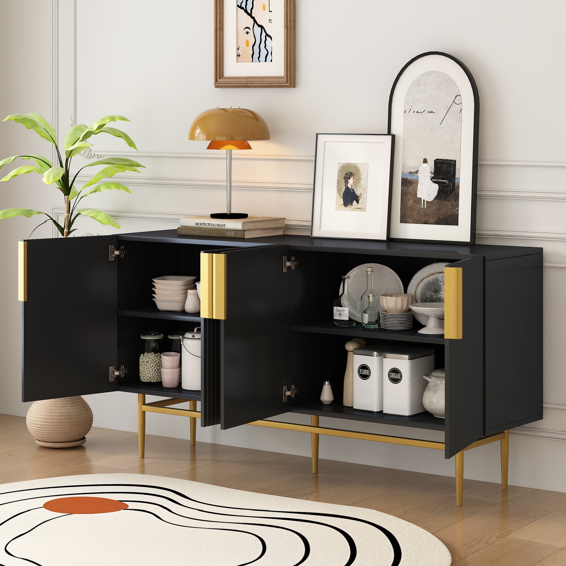 Modern Elegant 4 door Sideboard Gold Metal black-particle board