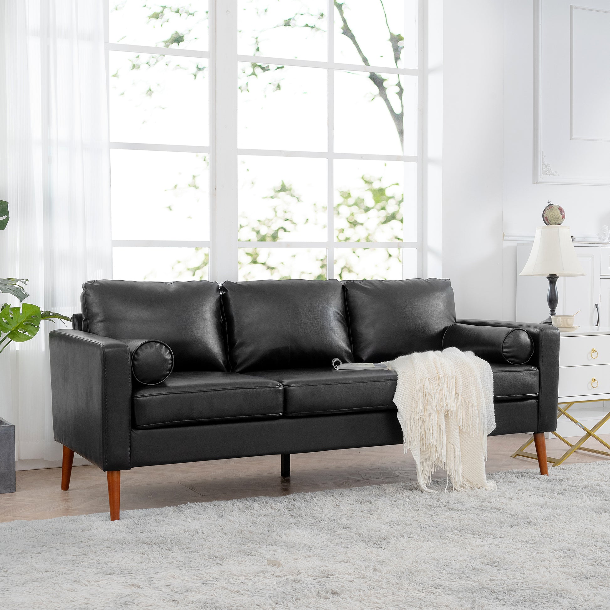 Small Sofa Couch 76.97 In . Black 3 Seat Comfy Couches For Living Room, Mid Century Modern Couch With Iron Wood Structuresoft Cushion Sofa For Home Office Apartment Black Foam Pu