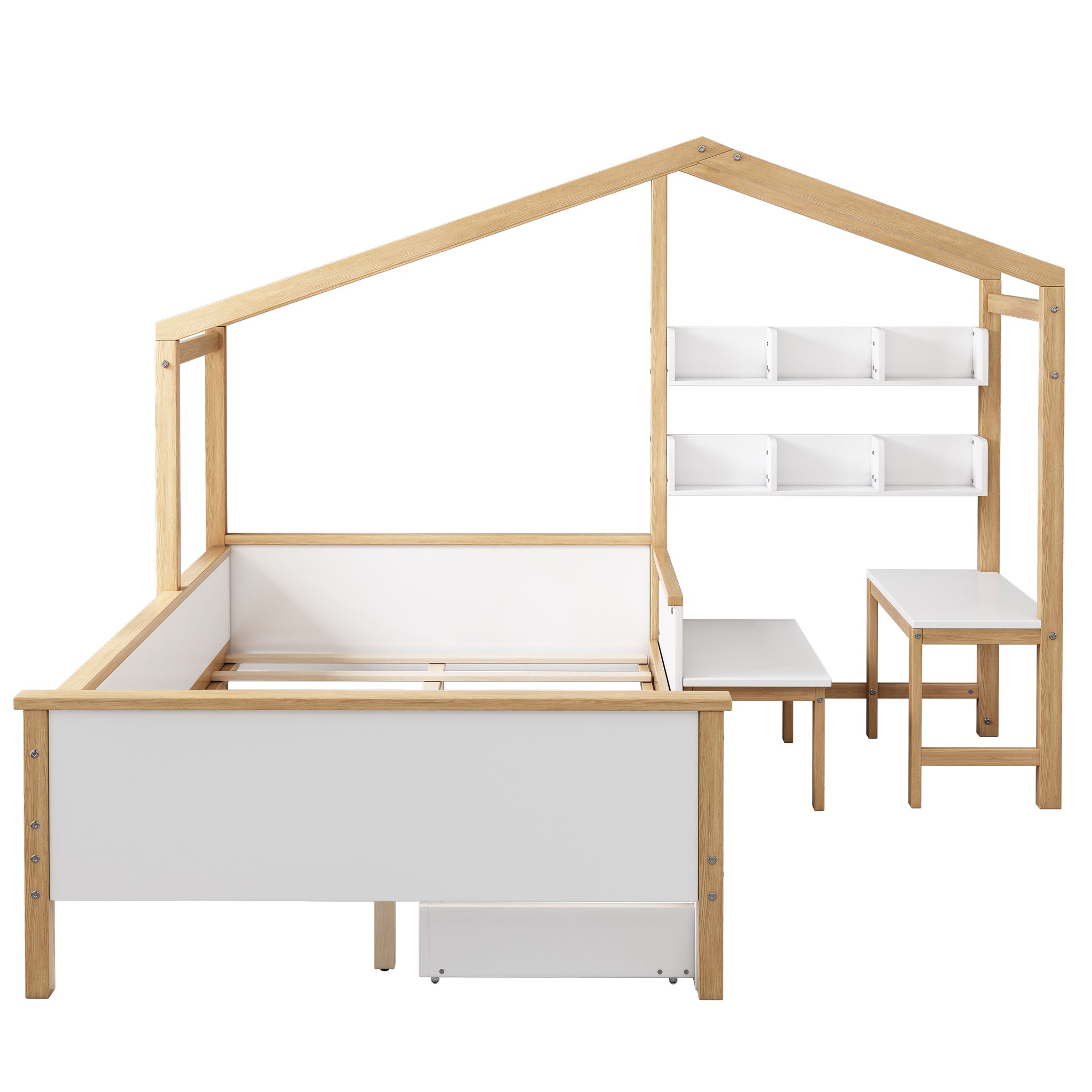 Full Size Wooden House Bed White and Original Wood white-wood