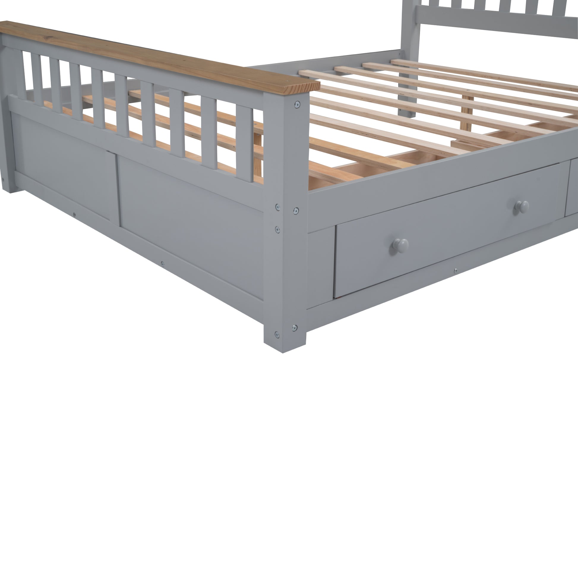 Queen Size Wood Platform Bed With Two Drawers And Wooden Slat Support,Gray Natrual Gray Wood