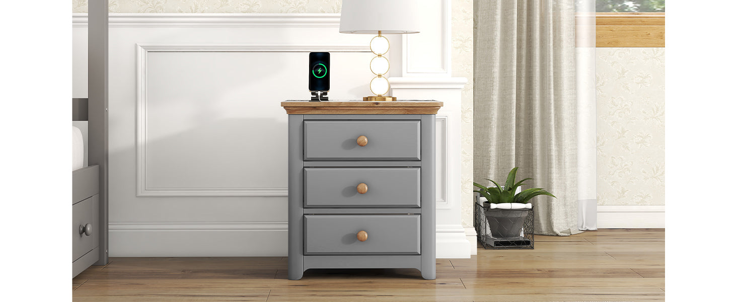 Wooden Nightstand With Usb Charging Ports And Three Drawers,End Table For Bedroom,Gray Natrual Gray Wood