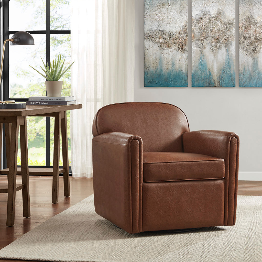 Faux Leather 360 Degree Swivel Arm Chair Brown Polyester