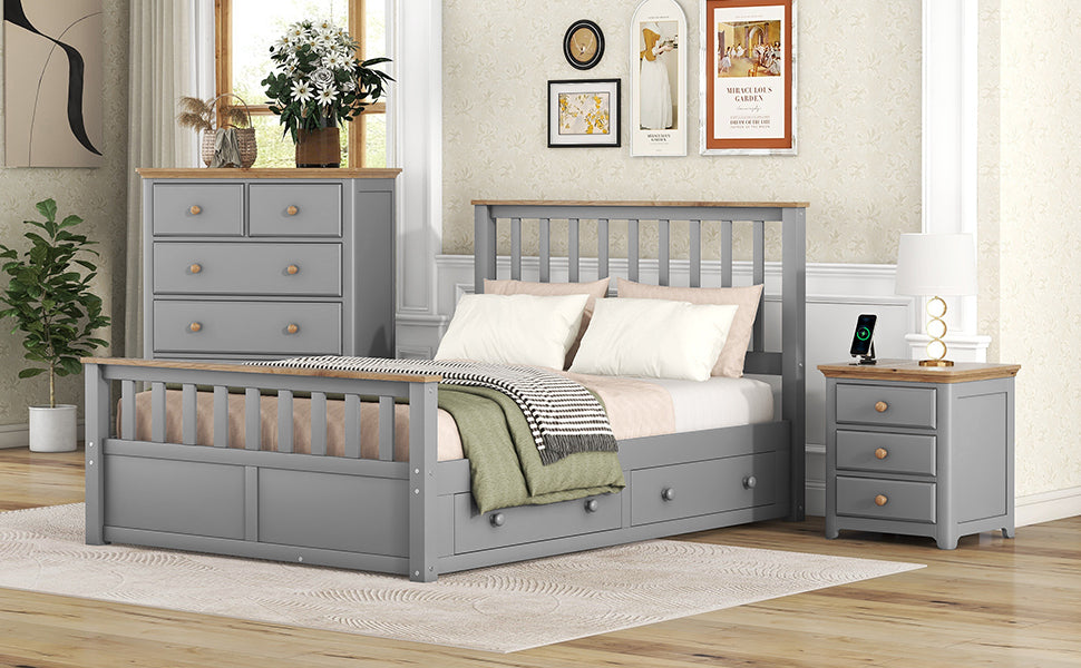 3 Pieces Bedroom Sets Full Size Platform Bed With Nightstand Usb Charging Ports And Storage Chest,Gray Natrual Gray Solid Wood