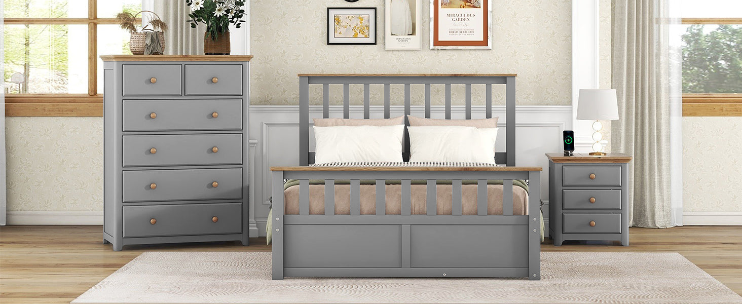 3 Pieces Bedroom Sets Full Size Platform Bed With Nightstand Usb Charging Ports And Storage Chest,Gray Natrual Gray Solid Wood