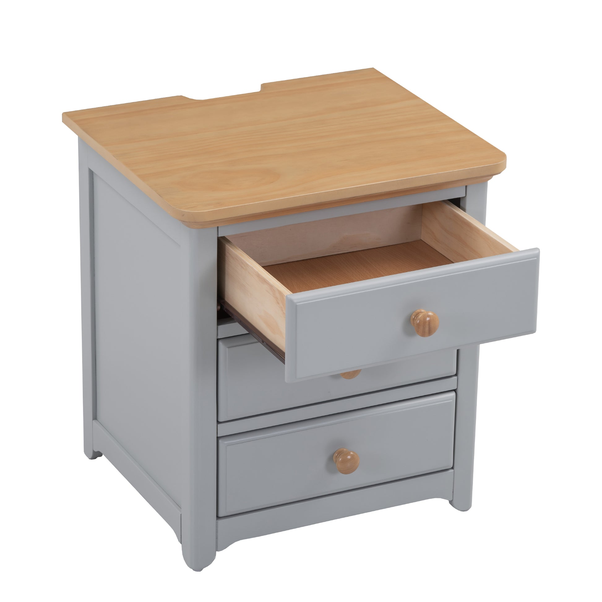 Wooden Nightstand With Usb Charging Ports And Three Drawers,End Table For Bedroom,Gray Natrual Gray Wood