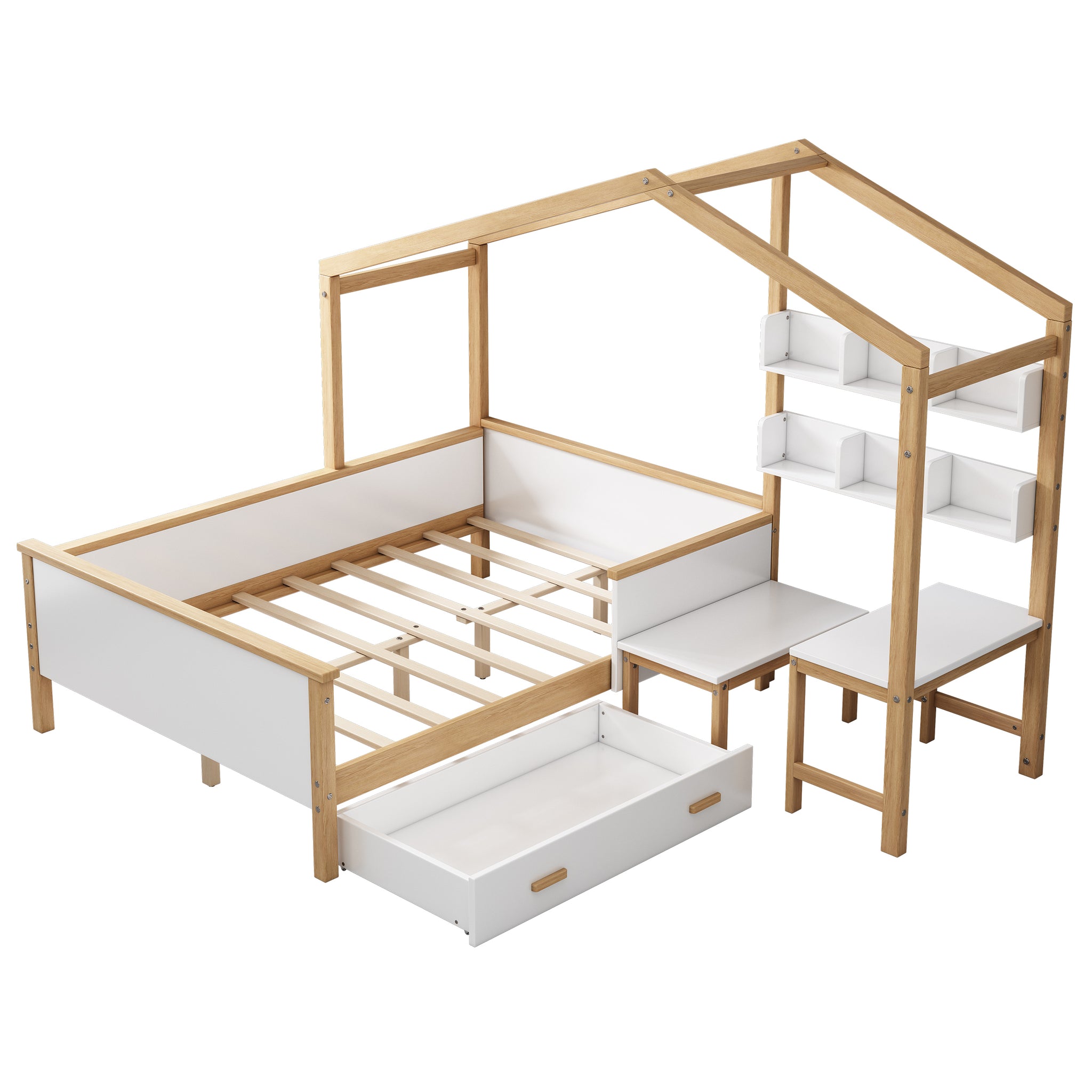 Full Size Wooden House Bed White and Original Wood white-wood