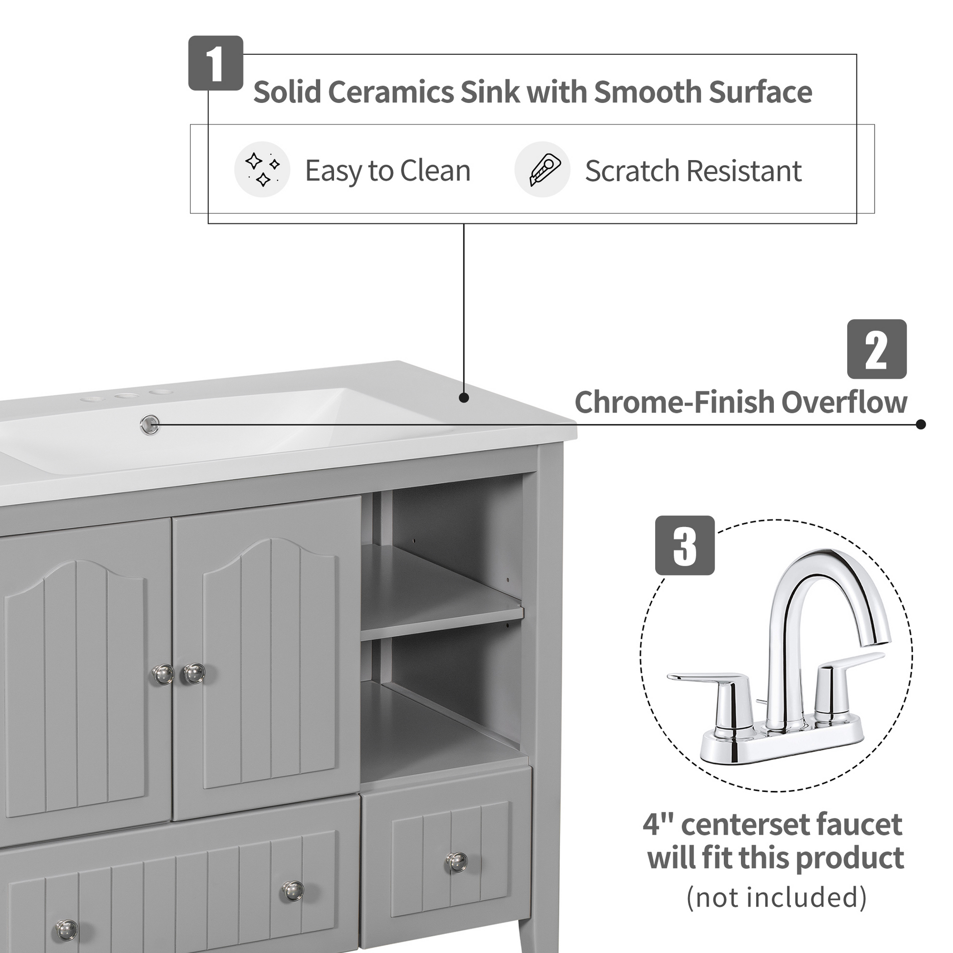 Video 36" Bathroom Vanity With Ceramic Basin, Bathroom Storage Cabinet With Two Doors And Drawers, Solid Frame, Metal Handles, Grey Old Sku: Jl000003Aae Grey Solid Wood