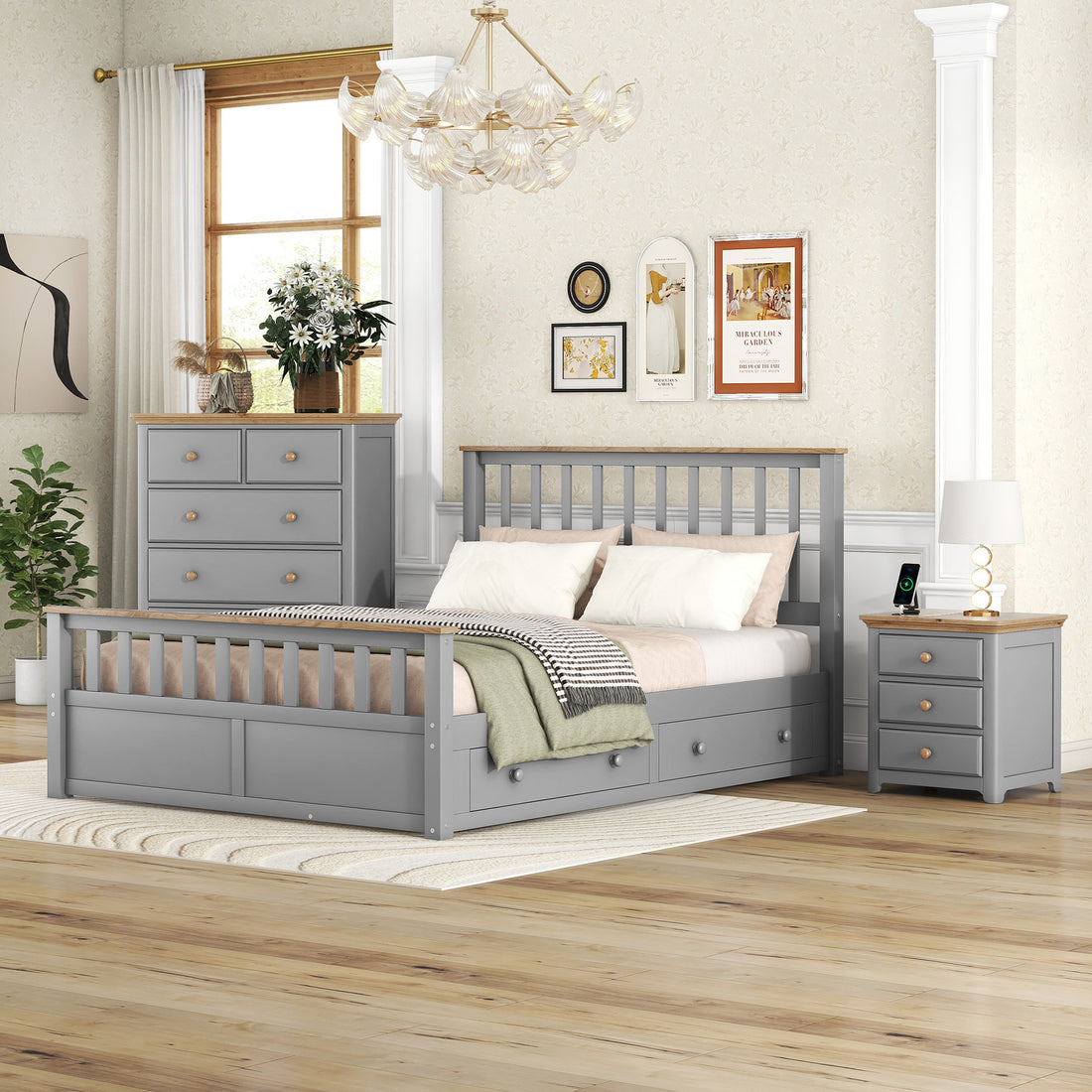 3 Pieces Bedroom Sets Queen Size Platform Bed With Nightstand Usb Charging Ports And Storage Chest,Gray Natrual Gray Solid Wood