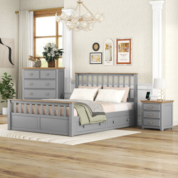 3 Pieces Bedroom Sets Queen Size Platform Bed With Nightstand Usb Charging Ports And Storage Chest,Gray Natrual Gray Solid Wood
