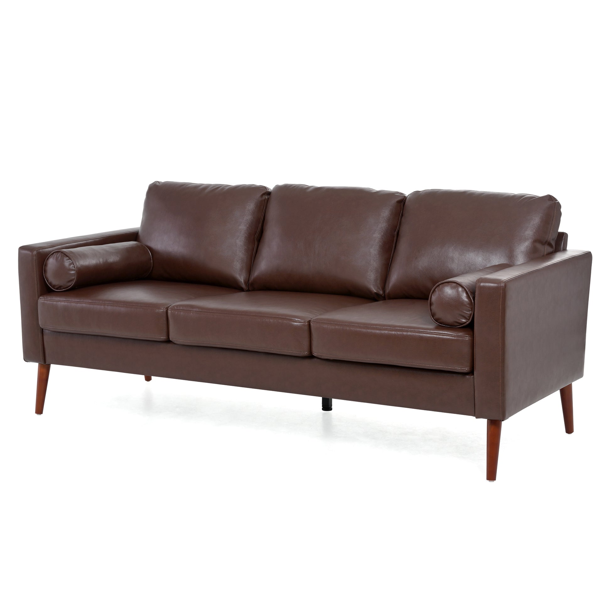 Small Sofa Couch 76.97 In . Brown 3 Seat Comfy Couches For Living Room, Mid Century Modern Couch With Iron Wood Structuresoft Cushion Sofa For Home Office Apartment Brown Foam Pu