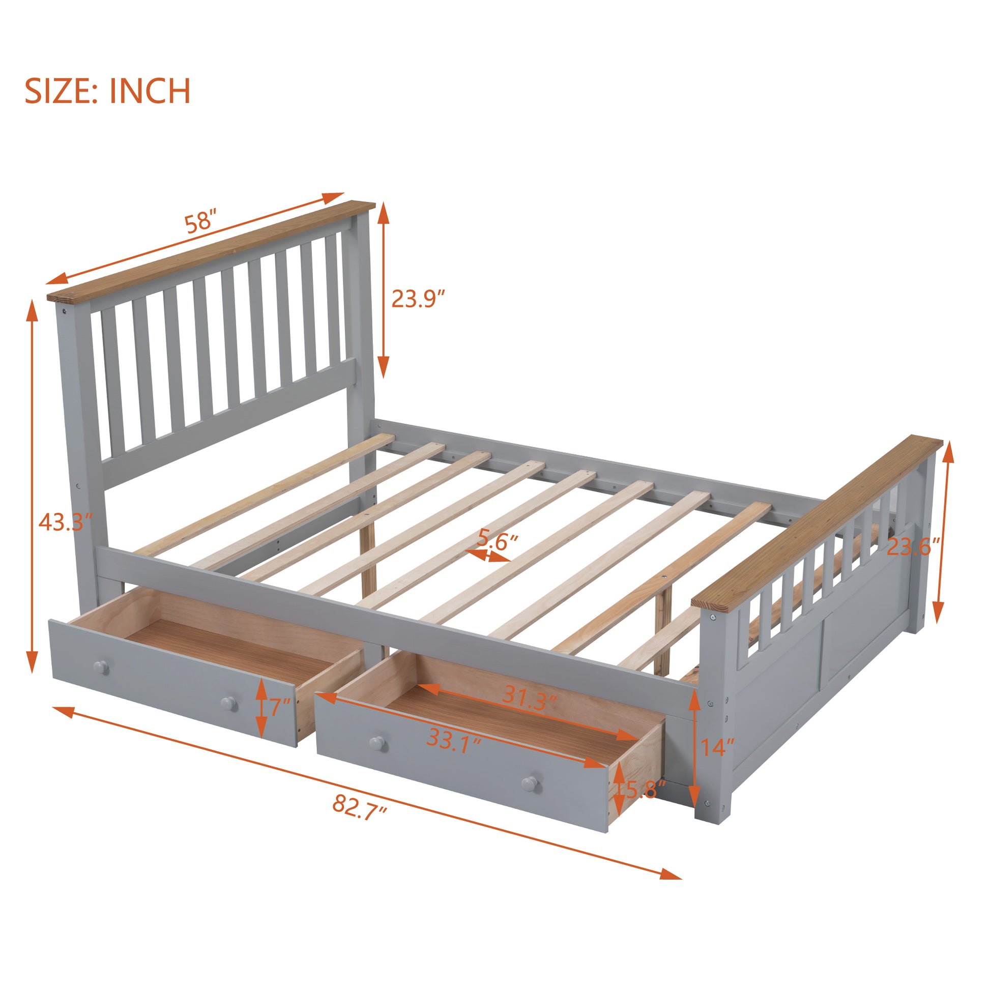 Full Size Wood Platform Bed With Two Drawers And Wooden Slat Support,Gray Natrual Gray Wood