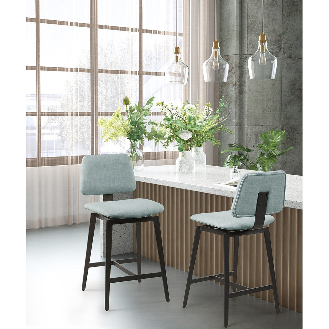 Armless 360 Degree Swivel Counter Stool 25"H Dusty Blue Polyester