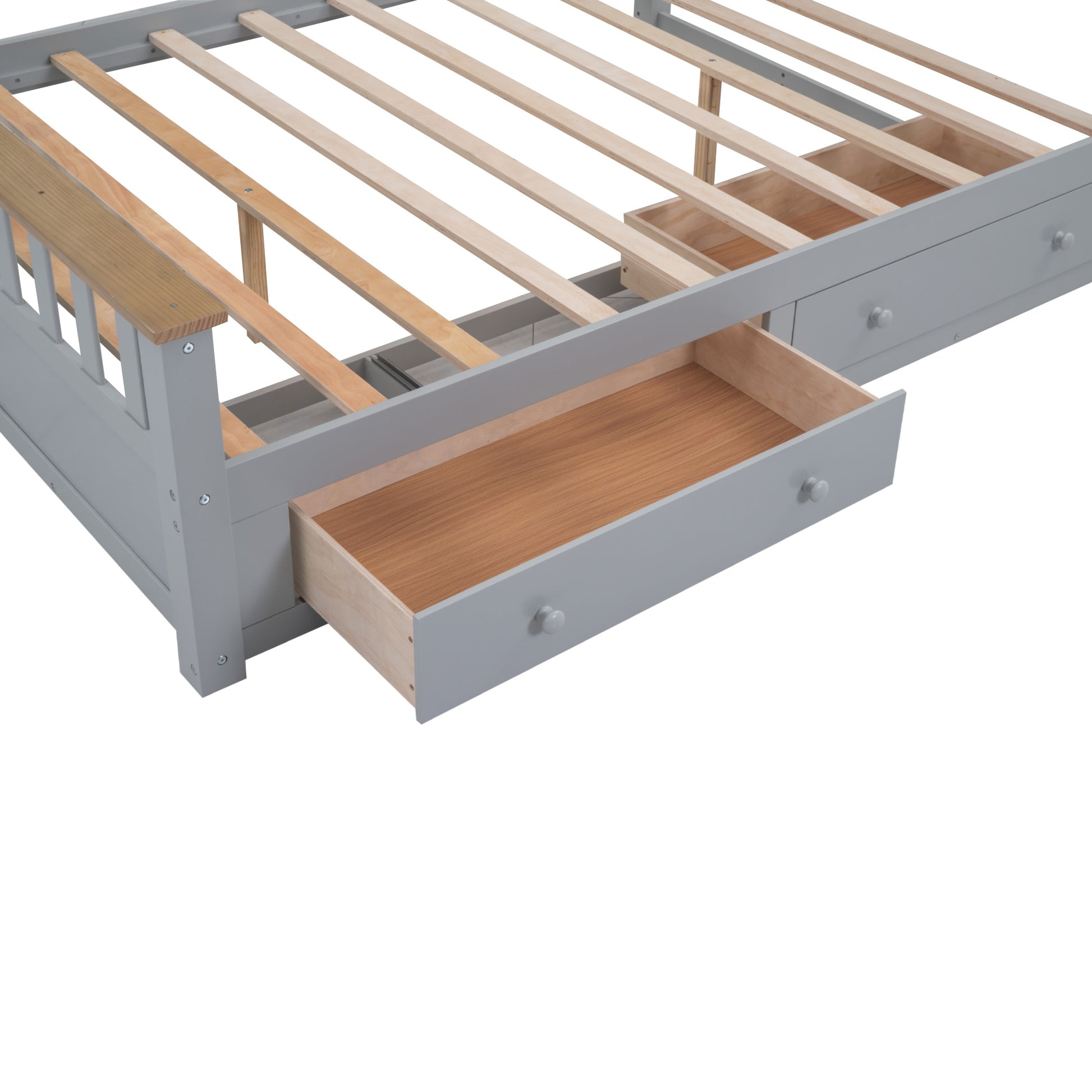 Queen Size Wood Platform Bed With Two Drawers And Wooden Slat Support,Gray Natrual Gray Wood