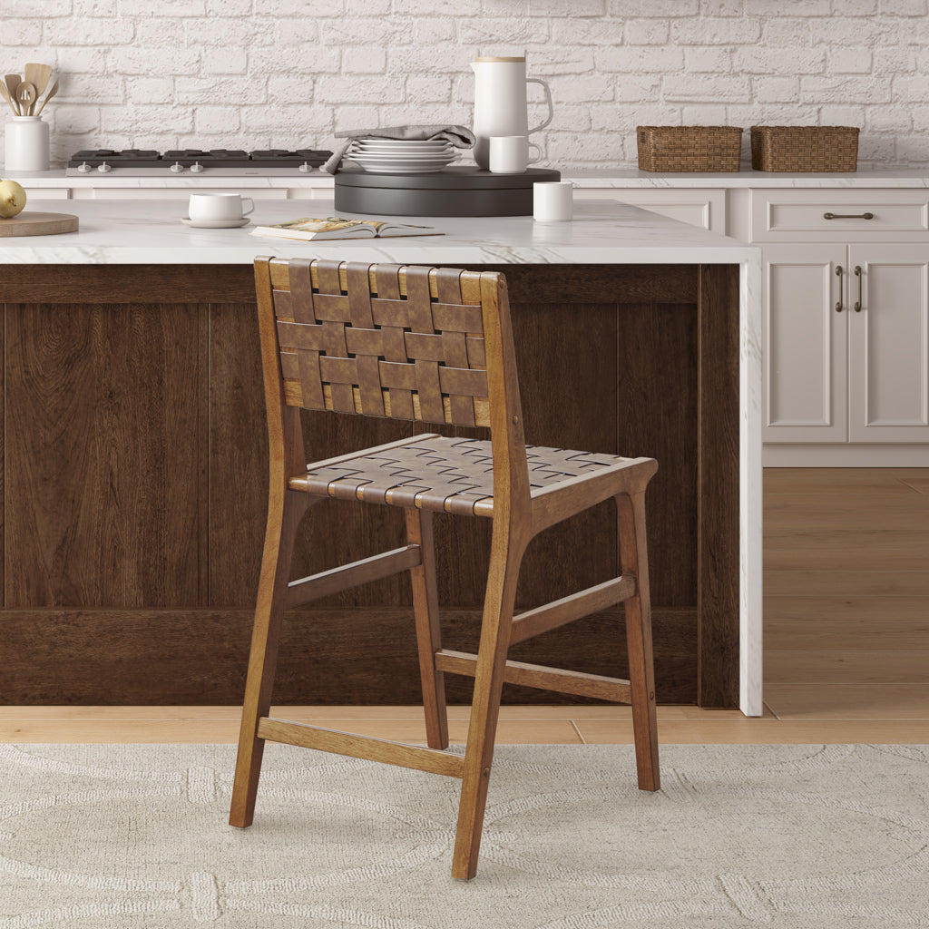 Faux Leather Woven Counter Stool 24"H Brown Polyester