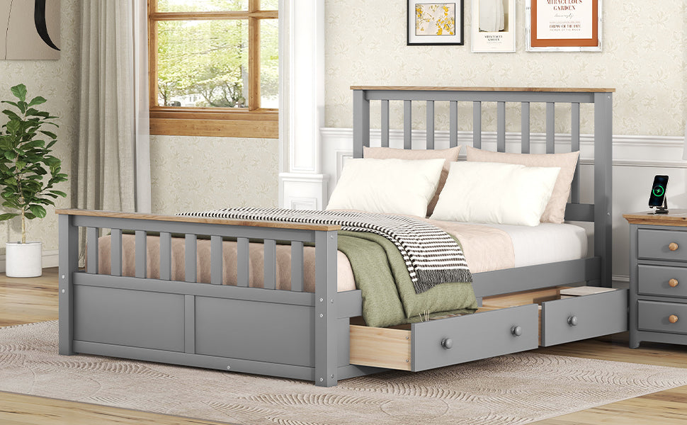 Full Size Wood Platform Bed With Two Drawers And Wooden Slat Support,Gray Natrual Gray Wood