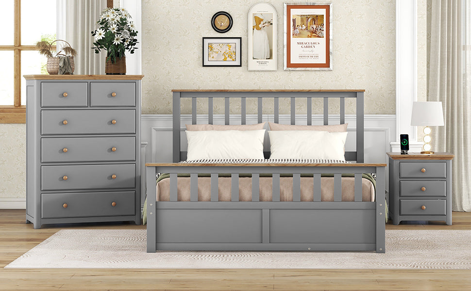3 Pieces Bedroom Sets Queen Size Platform Bed With Nightstand Usb Charging Ports And Storage Chest,Gray Natrual Gray Solid Wood