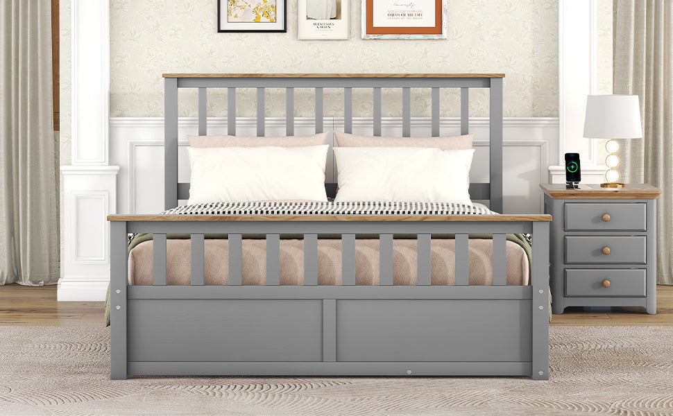Queen Size Wood Platform Bed With Two Drawers And Wooden Slat Support,Gray Natrual Gray Wood