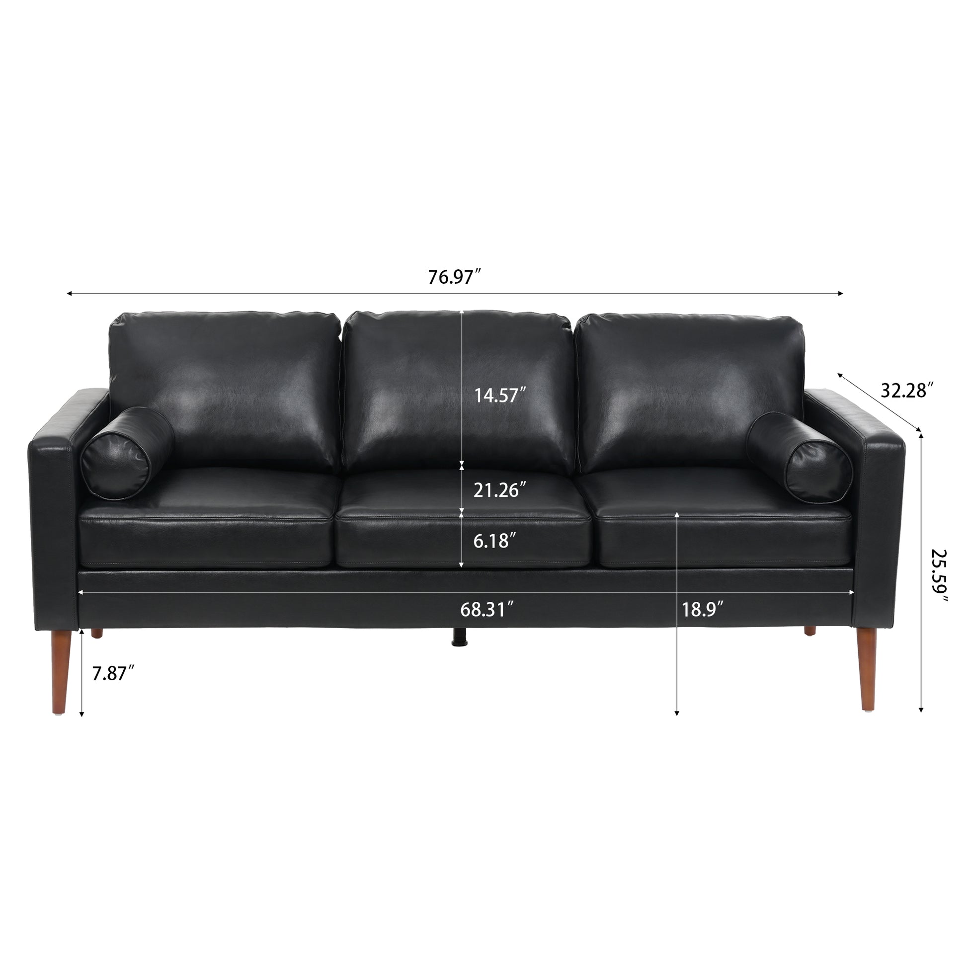 Small Sofa Couch 76.97 In . Black 3 Seat Comfy Couches For Living Room, Mid Century Modern Couch With Iron Wood Structuresoft Cushion Sofa For Home Office Apartment Black Foam Pu