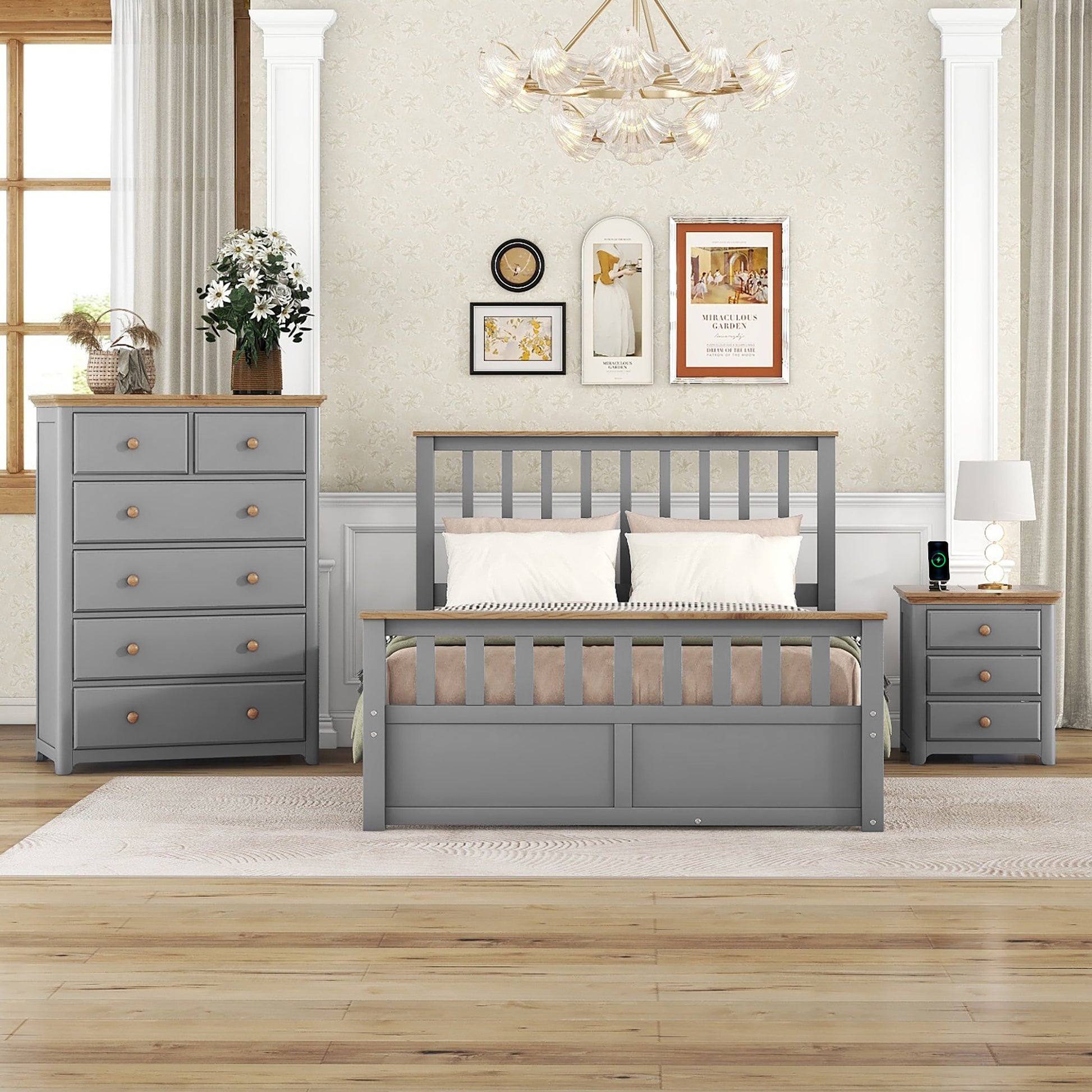 3 Pieces Bedroom Sets Full Size Platform Bed With Nightstand Usb Charging Ports And Storage Chest,Gray Natrual Gray Solid Wood