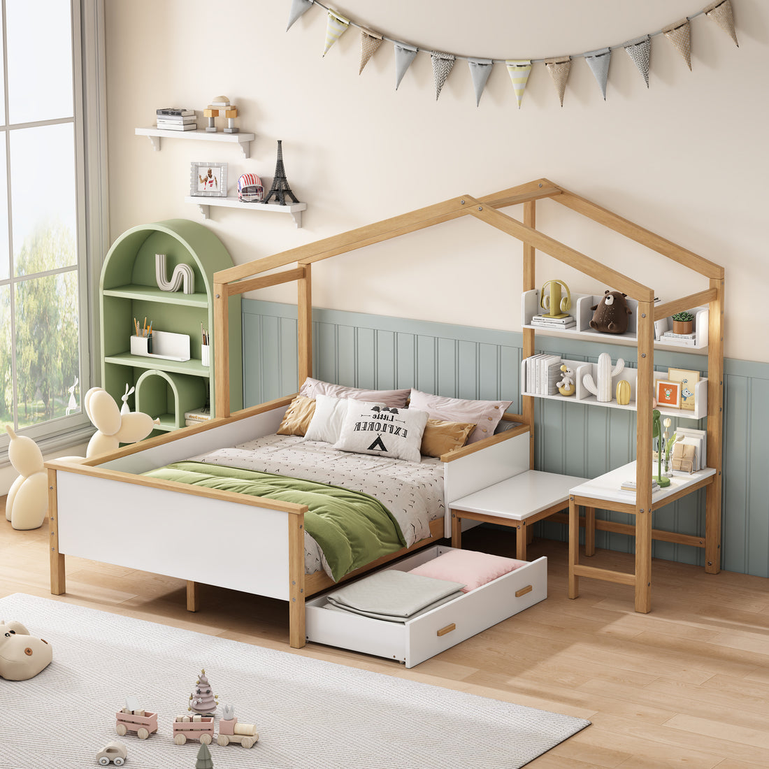Full Size Wooden House Bed White And Original Wood Colored Frame With Drawer, Desk And Bookshelf For Children Or Guest Room White Wood
