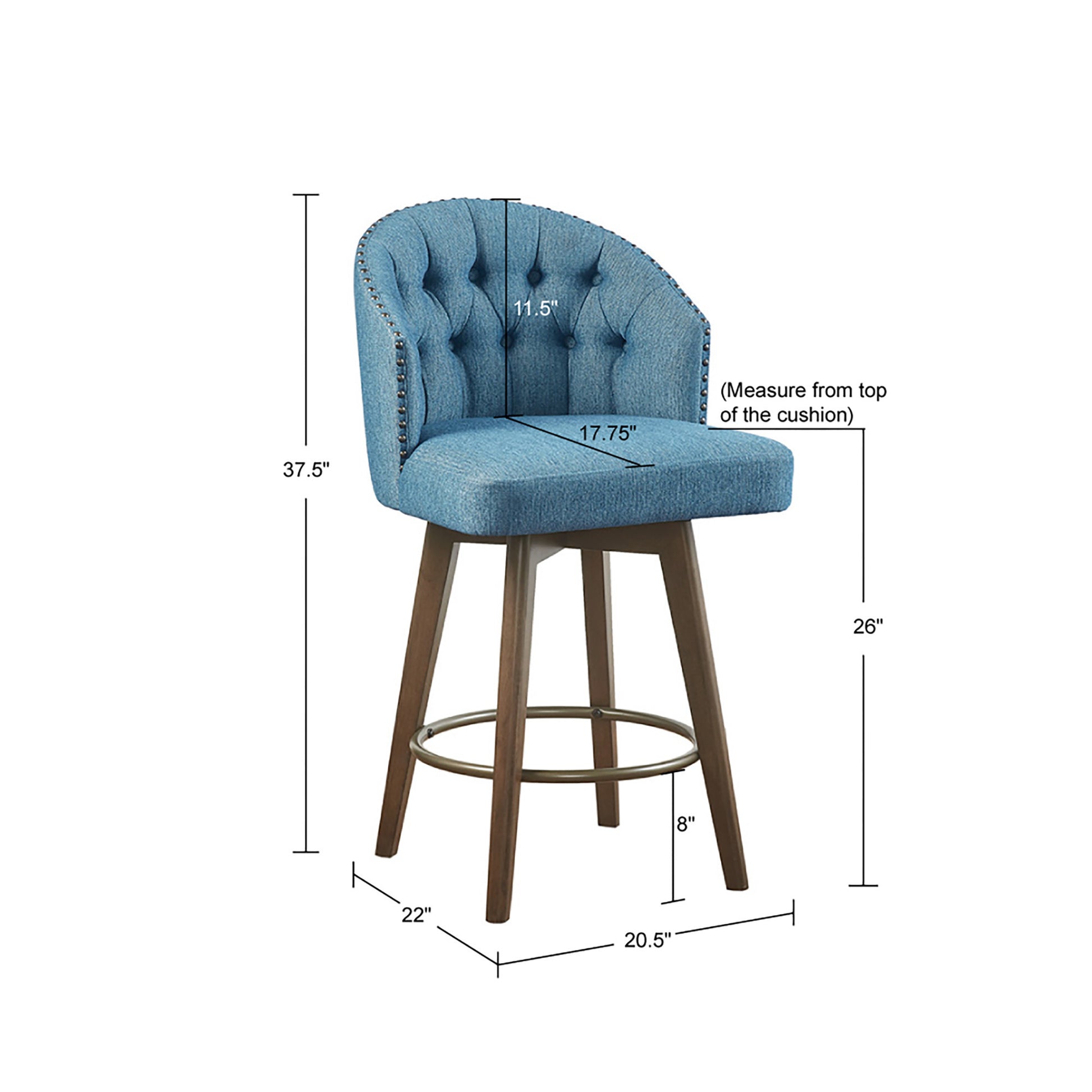 Upholstered 360 Degree Swivel Counter Stool 26" H Blue Polyester