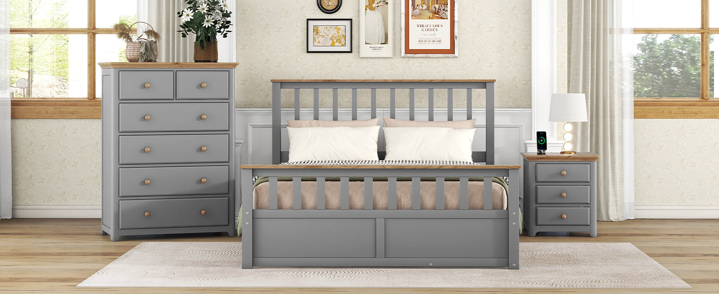 3 Pieces Bedroom Sets Queen Size Platform Bed With Nightstand Usb Charging Ports And Storage Chest,Gray Natrual Gray Solid Wood