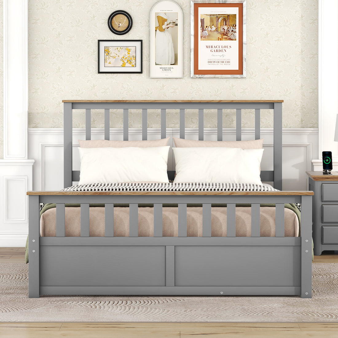Queen Size Wood Platform Bed With Two Drawers And Wooden Slat Support,Gray Natrual Gray Wood