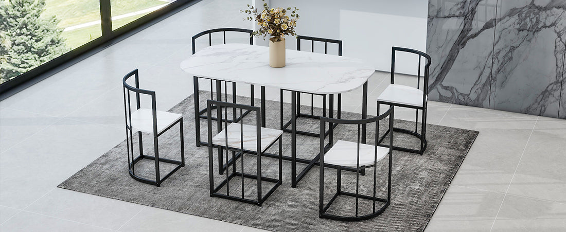 Modern 7 Piece Dining Table Set With Faux Marble Compact 55Inch Kitchen Table Set For 6, Black White Metal White Black Seats 6 Metal Dining Room Modern Dining Table With Chair Iron