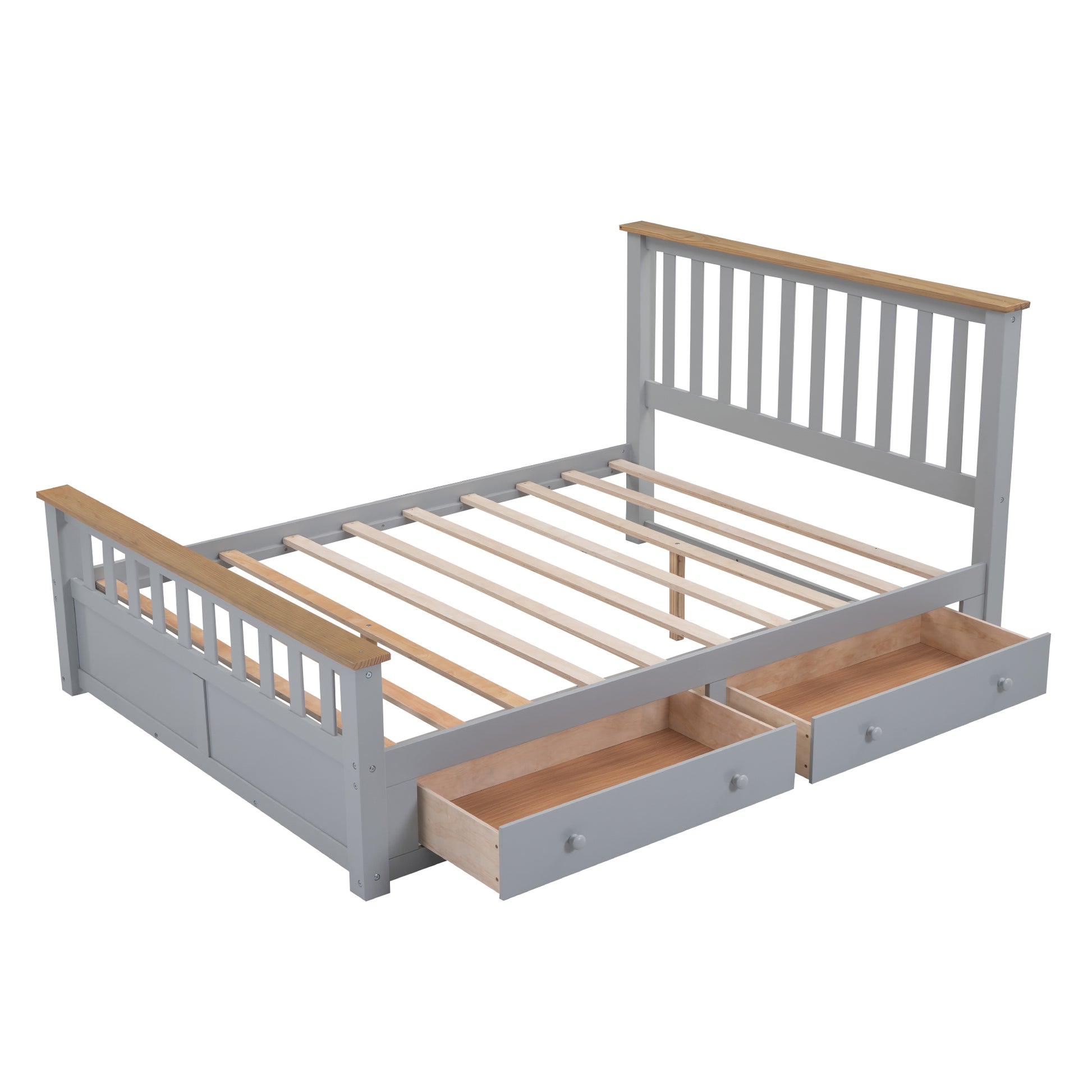 Queen Size Wood Platform Bed With Two Drawers And Wooden Slat Support,Gray Natrual Gray Wood