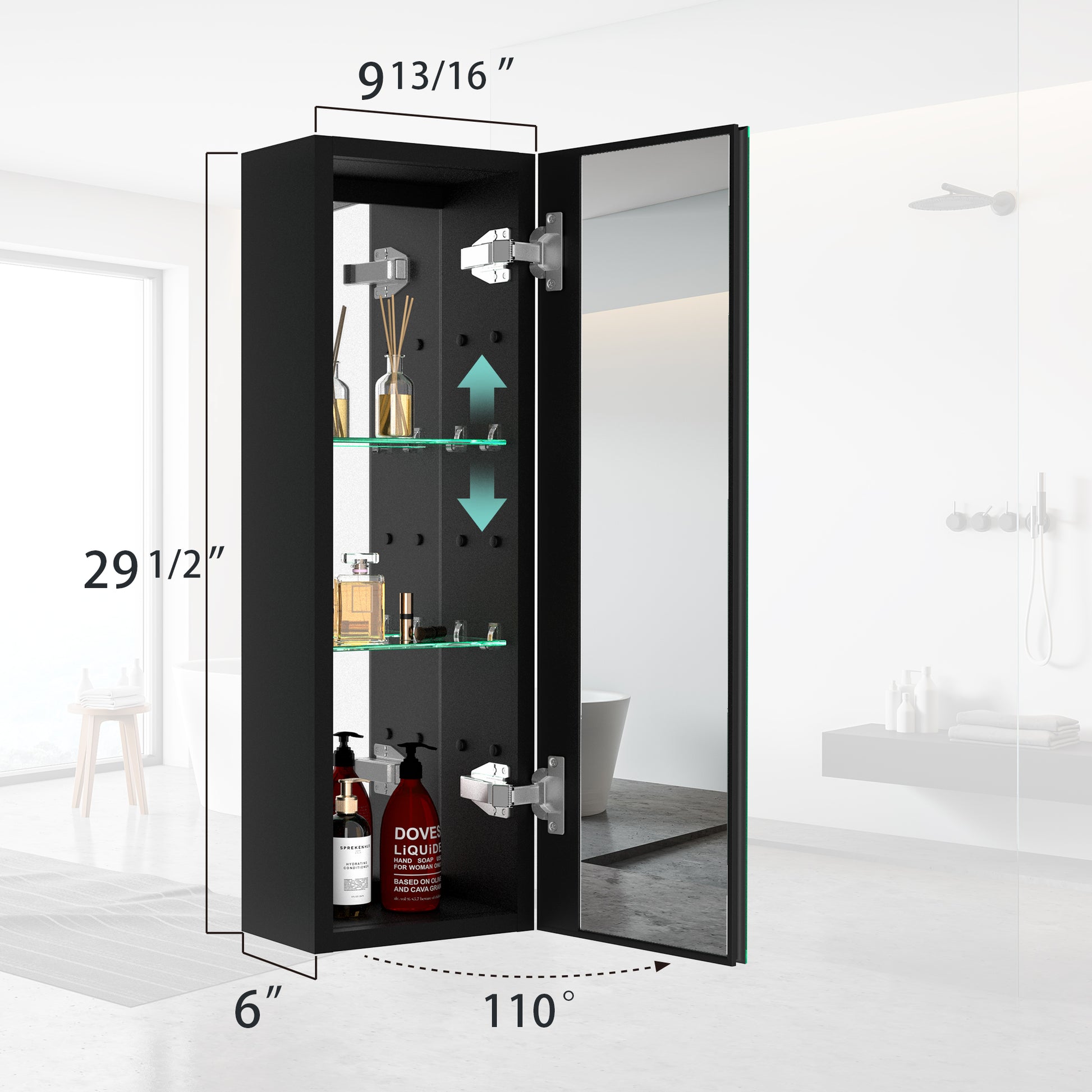 30X10 Inch Medicine Cabinets Aluminum Bathroom Medicine Cabinet Adjustable Glass Shelves Black Black Modern Aluminium