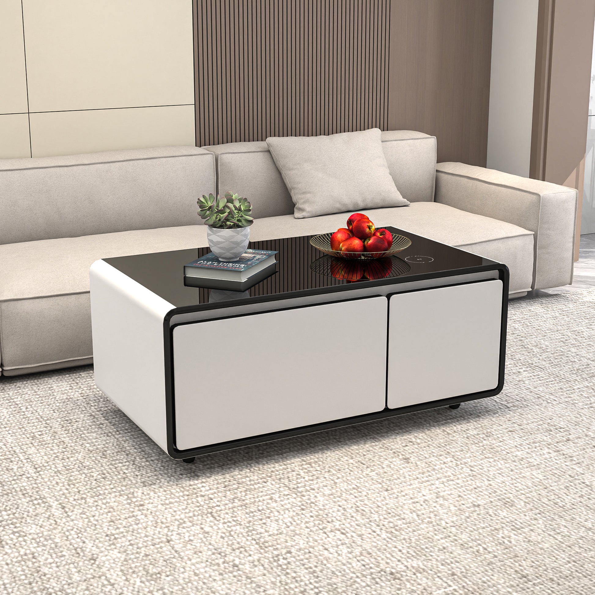 Modern Smart Coffee Table with Built in Fridge, Outlet white-built-in outlets or usb-primary living