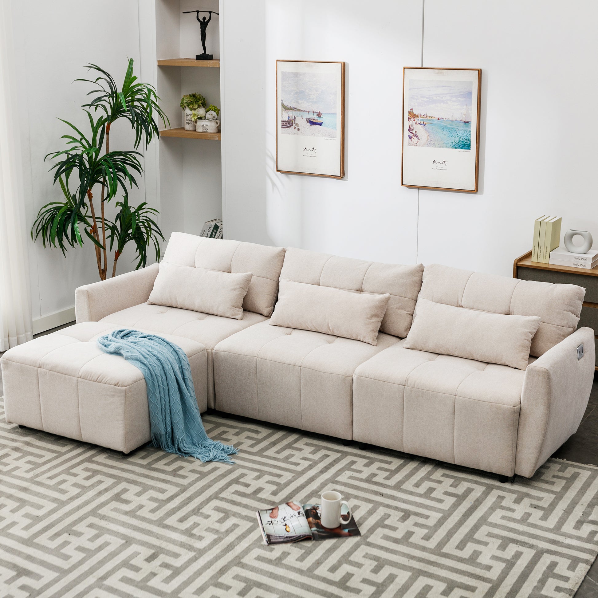 113.3" Convertible Sectional Sofa Couch 3 Seat L Shaped Sofa With Movable Ottoman And Usb For Apartment, Living Room, Bedroom, Beige Beige Chenille 3 Seat