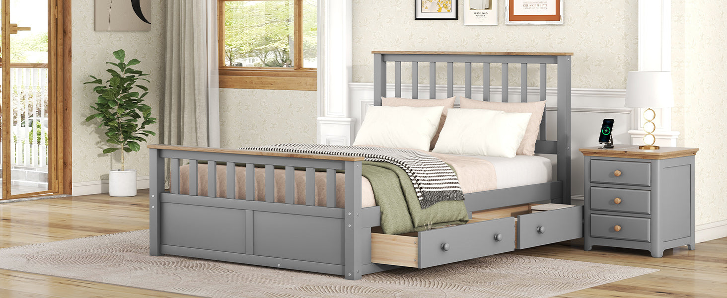 Full Size Wood Platform Bed With Two Drawers And Wooden Slat Support,Gray Natrual Gray Wood