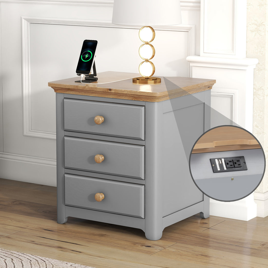 Wooden Nightstand With Usb Charging Ports And Three Drawers,End Table For Bedroom,Gray Natrual Gray Wood