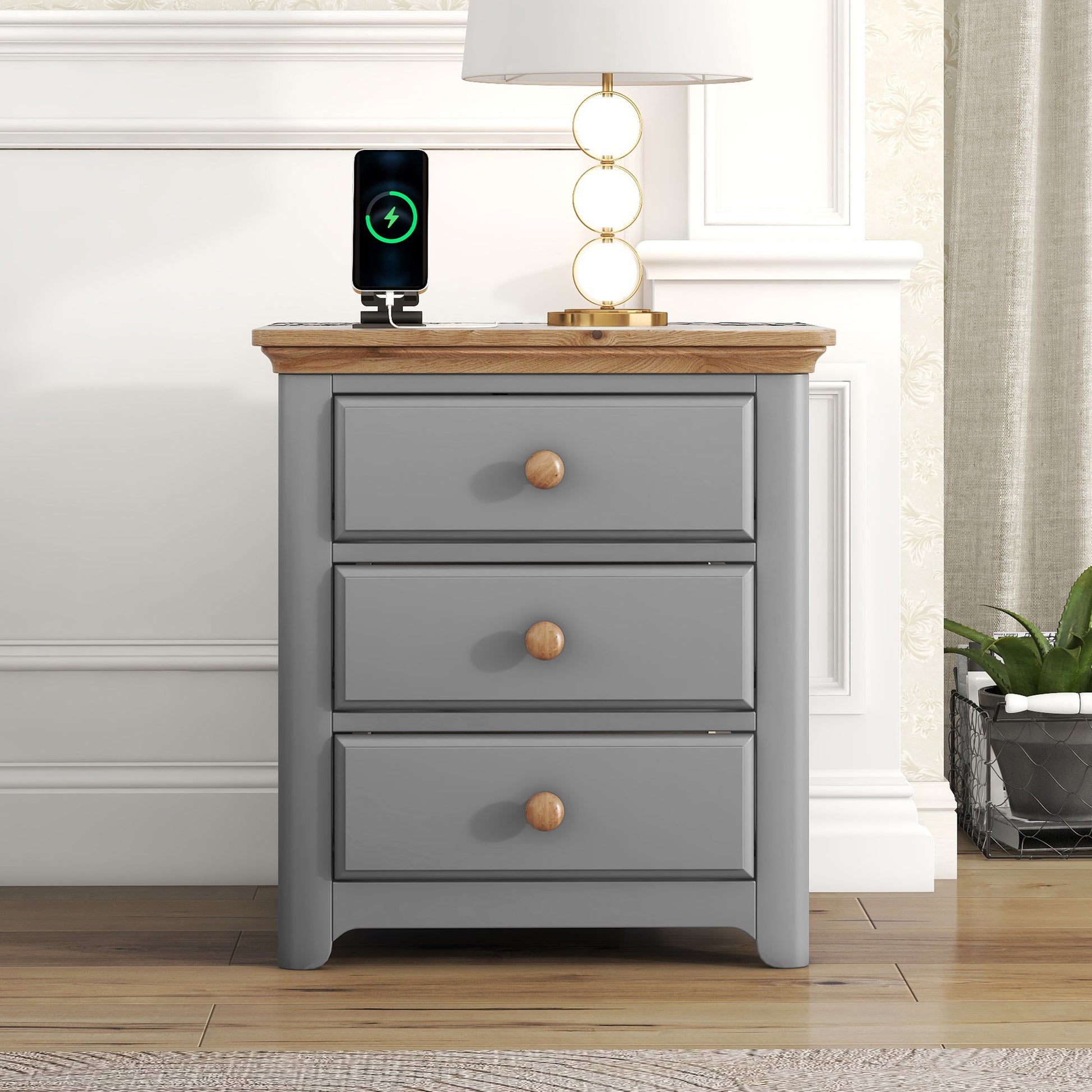 Wooden Nightstand With Usb Charging Ports And Three Drawers,End Table For Bedroom,Gray Natrual Gray Wood