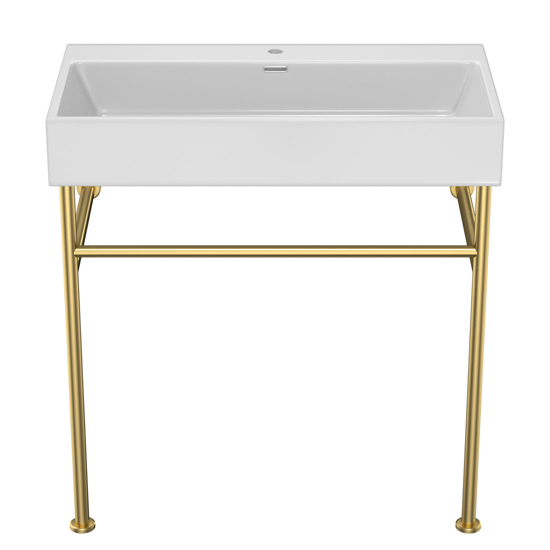 30" Bathroom Console Sink With Overflow,Ceramic Console Sink White Basin Gold Legs White Ceramic