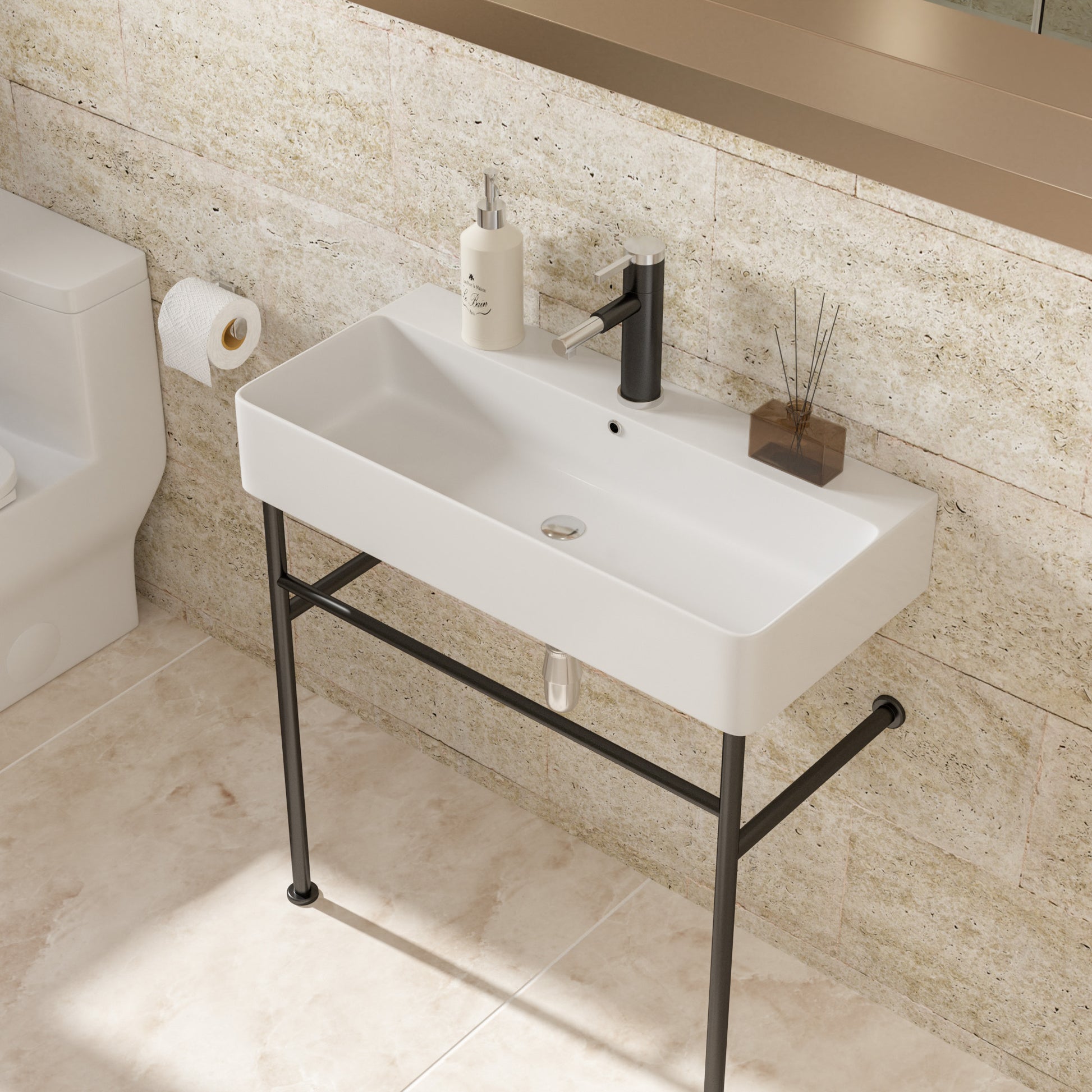 32" Bathroom Console Sink With Overflow,Ceramic Console Sink White Basin Black Legs White Ceramic