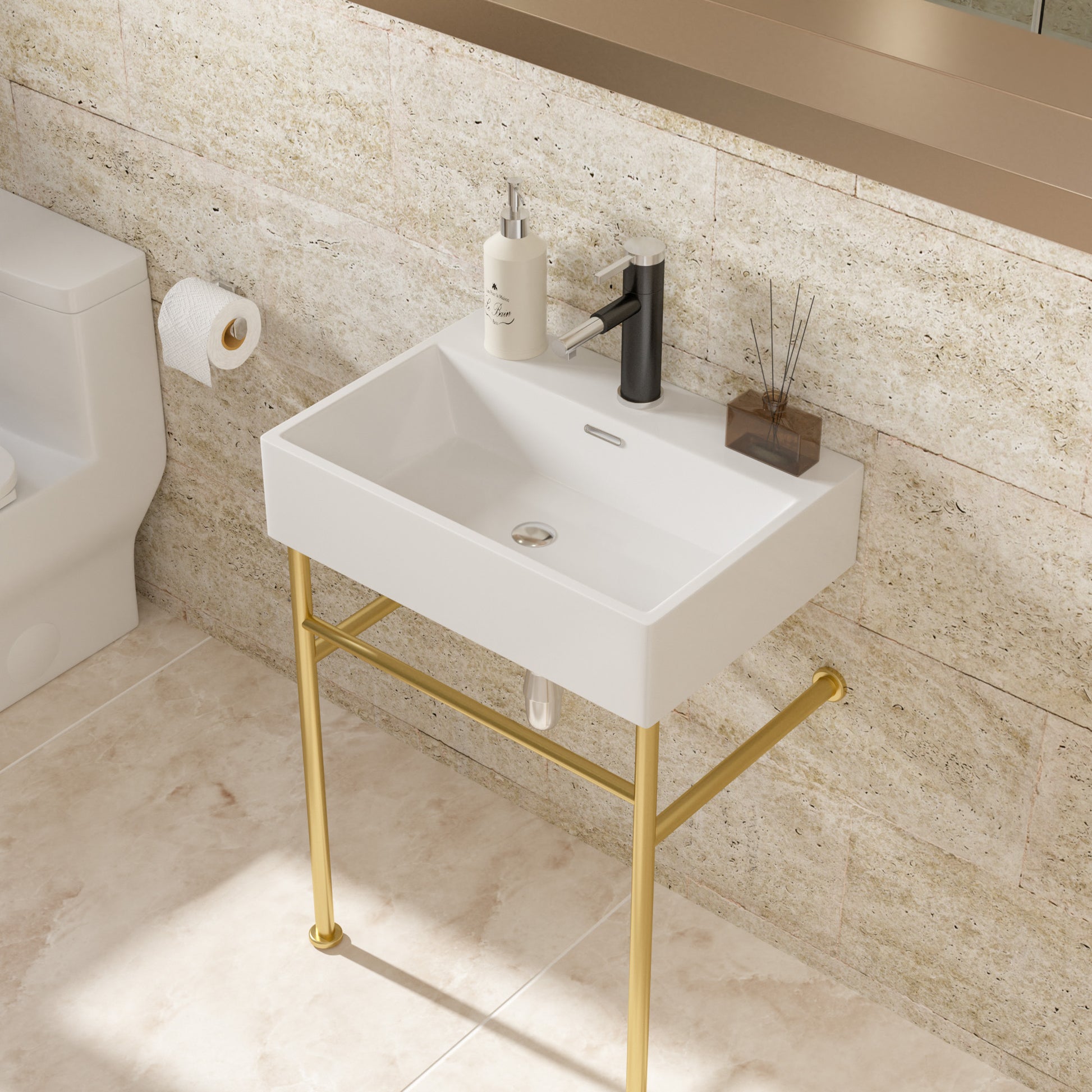 24" Bathroom Console Sink With Overflow,Ceramic Console Sink White Basin Gold Legs White Ceramic