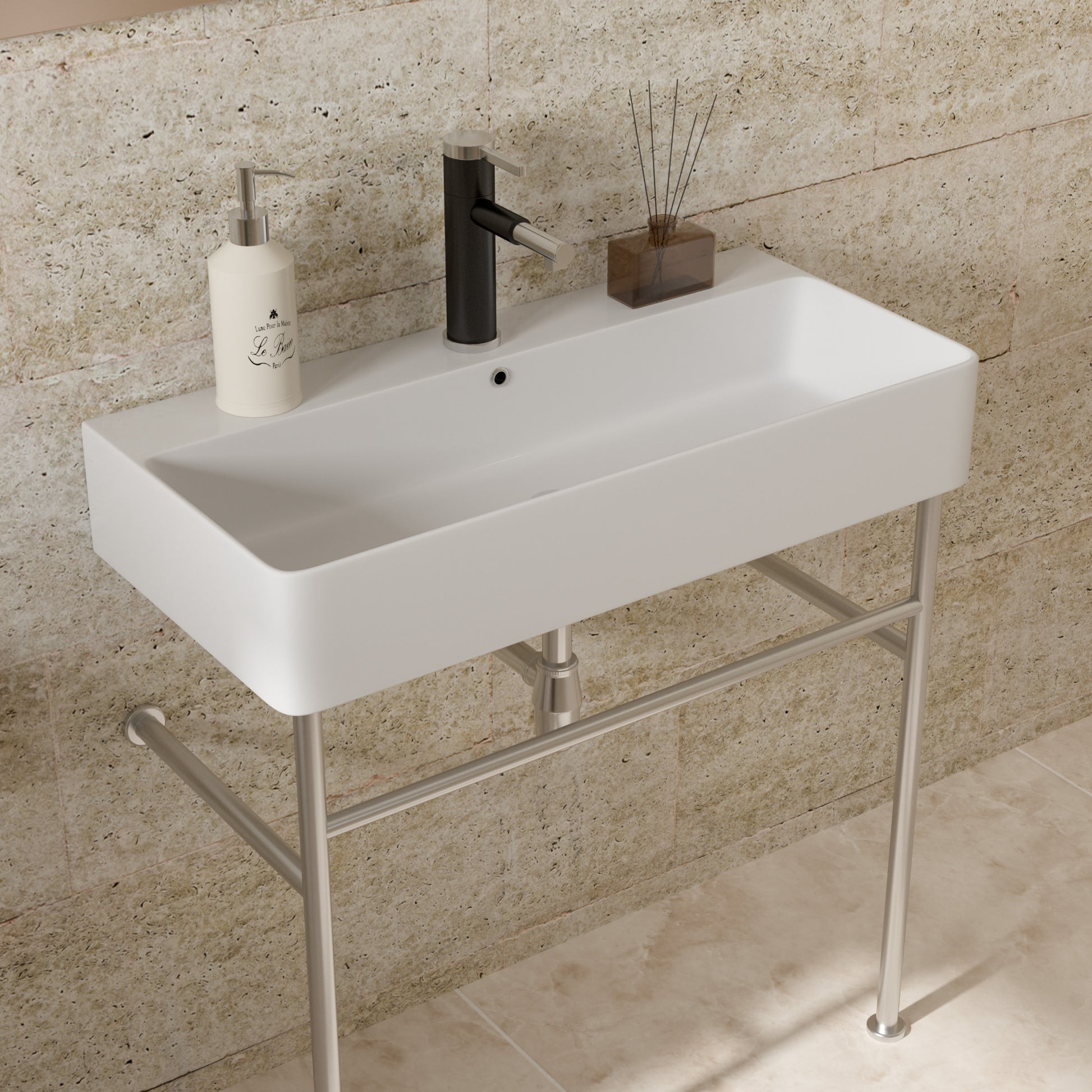 35" Bathroom Console Sink With Overflow,Ceramic Console Sink White Basin Polished Nicke Legs White Ceramic