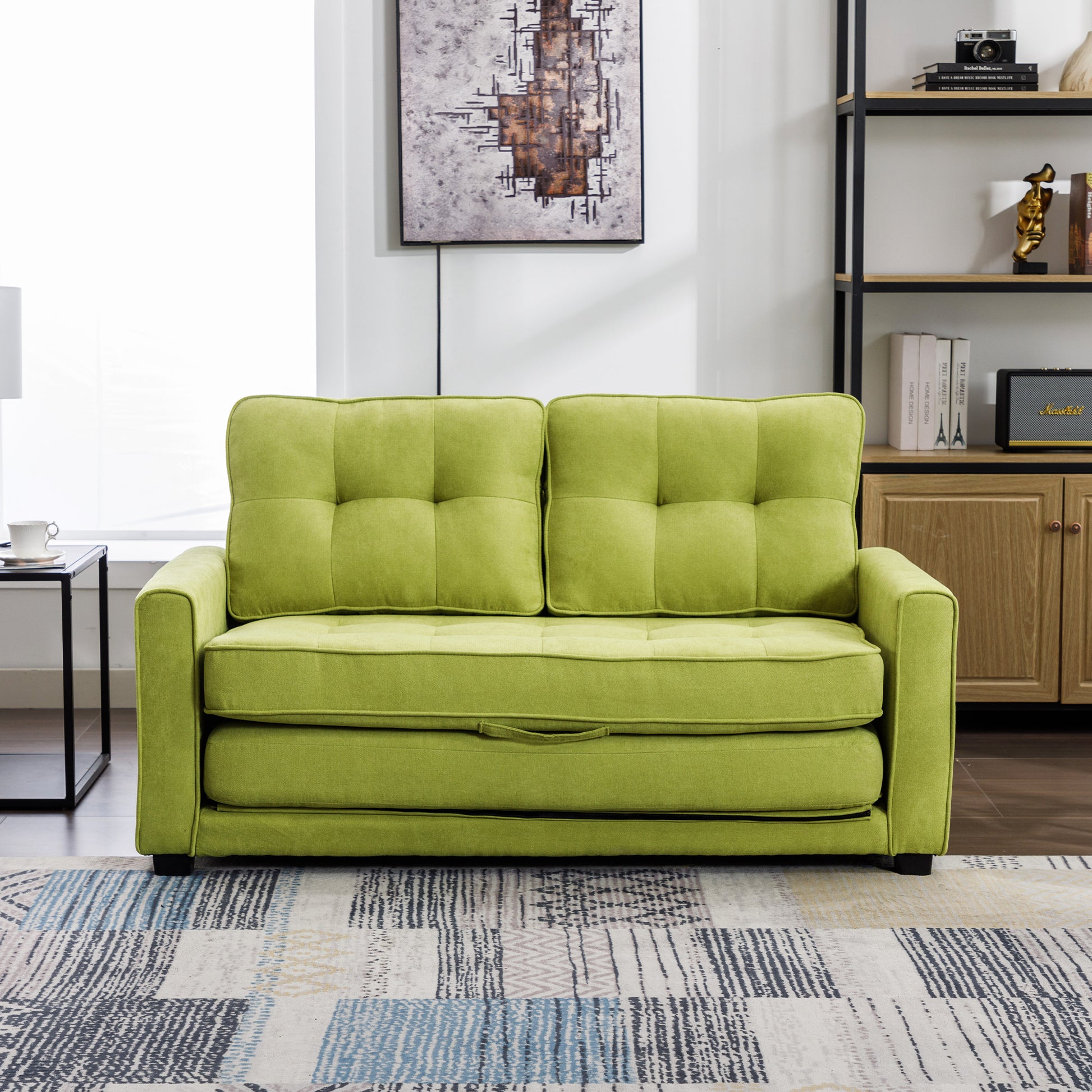 59.4" Loveseat Sofa With Pull Out Bed Modern Upholstered Couch With Side Pocket For Living Room Office, Green Green Chenille