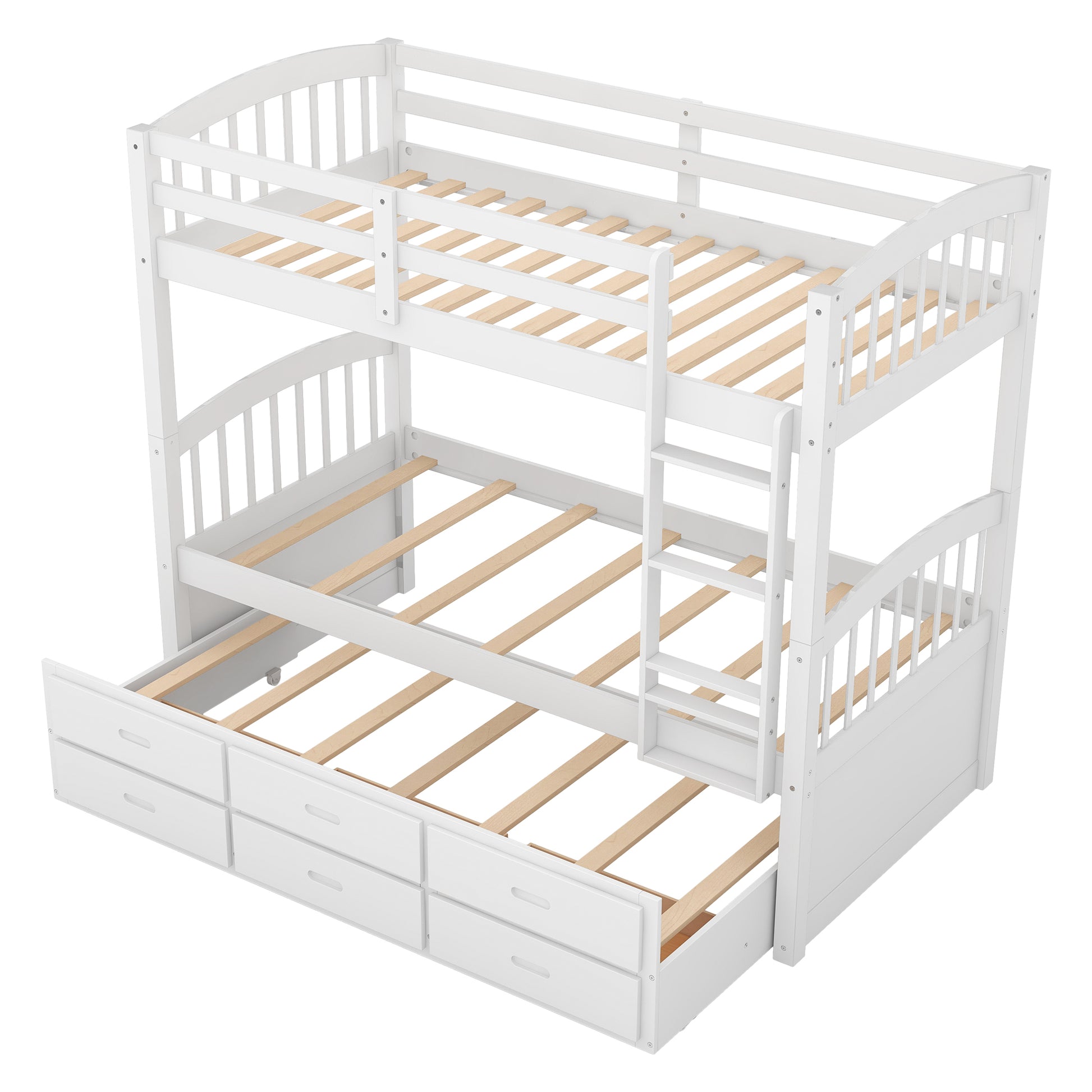 Twin Over Twin Wood Bunk Bed With Trundle And Drawers,White Box Spring Not Required Twin White Wood Bedroom Pine Bunk Pine