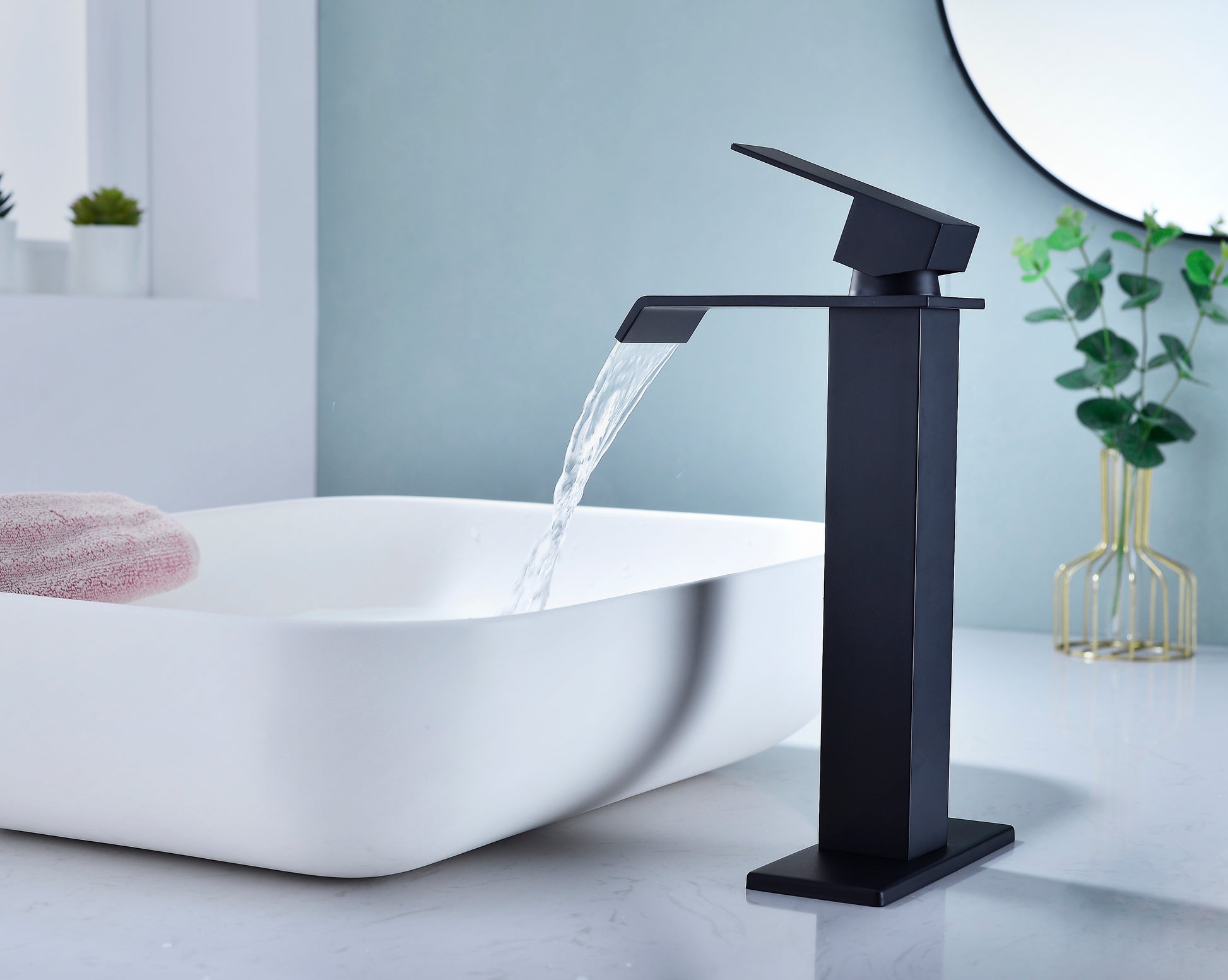 Waterfall Spout Bathroom Faucet,Single Handle Bathroom Vanity Sink Faucet Matte Black Stainless Steel