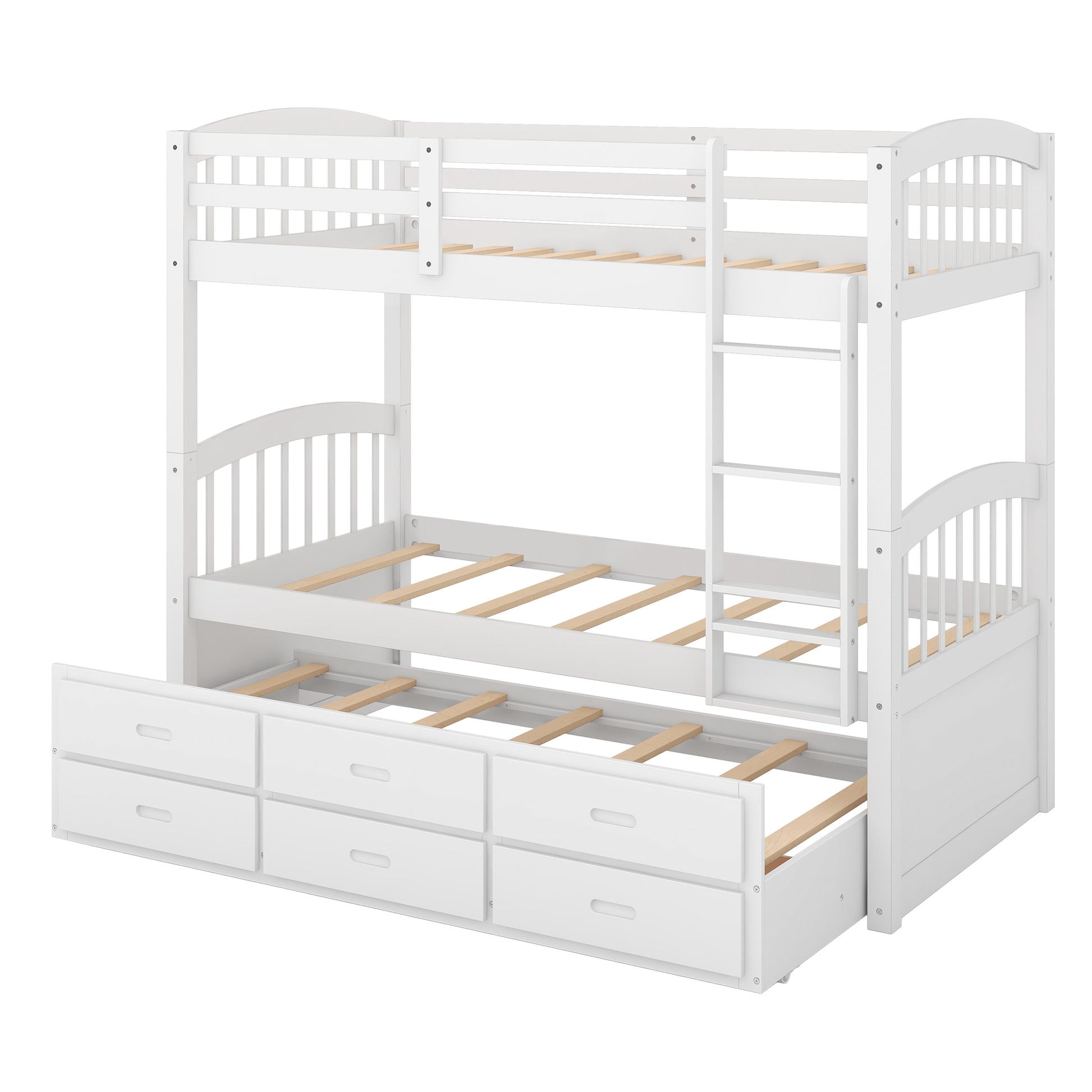 Twin Over Twin Wood Bunk Bed With Trundle And Drawers,White Box Spring Not Required Twin White Wood Bedroom Pine Bunk Pine