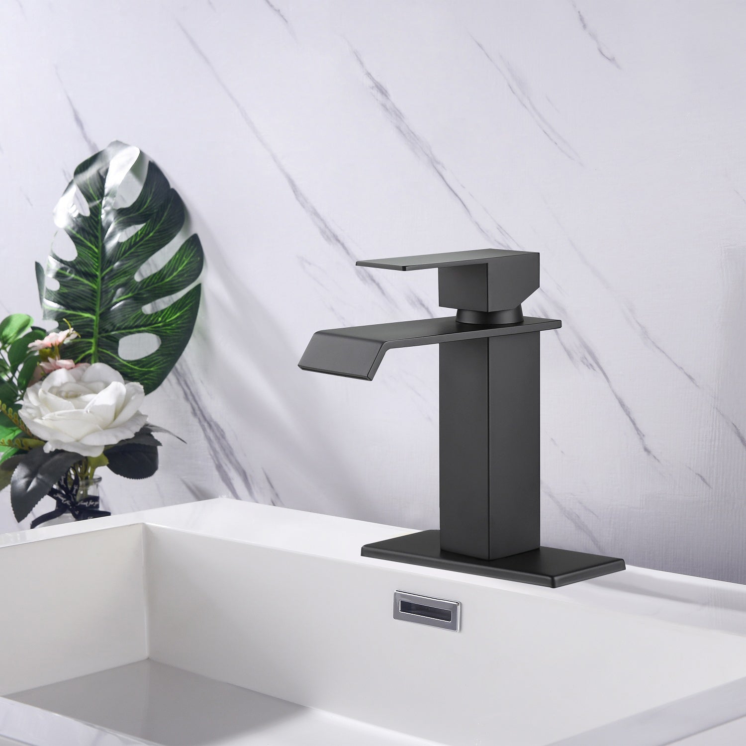 Waterfall Spout Bathroom Faucet,Single Handle Bathroom Vanity Sink Faucet Matte Black Stainless Steel