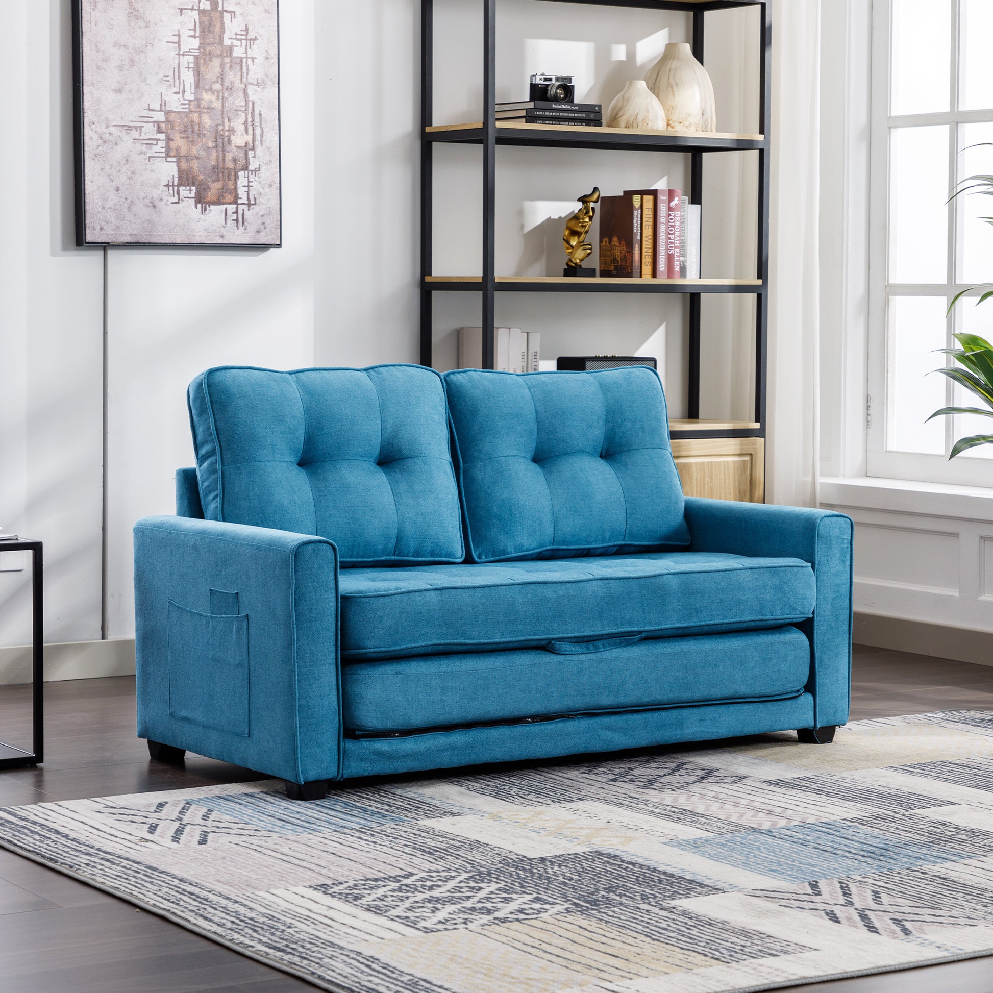 59.4" Loveseat Sofa With Pull Out Bed Modern Upholstered Couch With Side Pocket For Living Room Office, Blue Blue Chenille