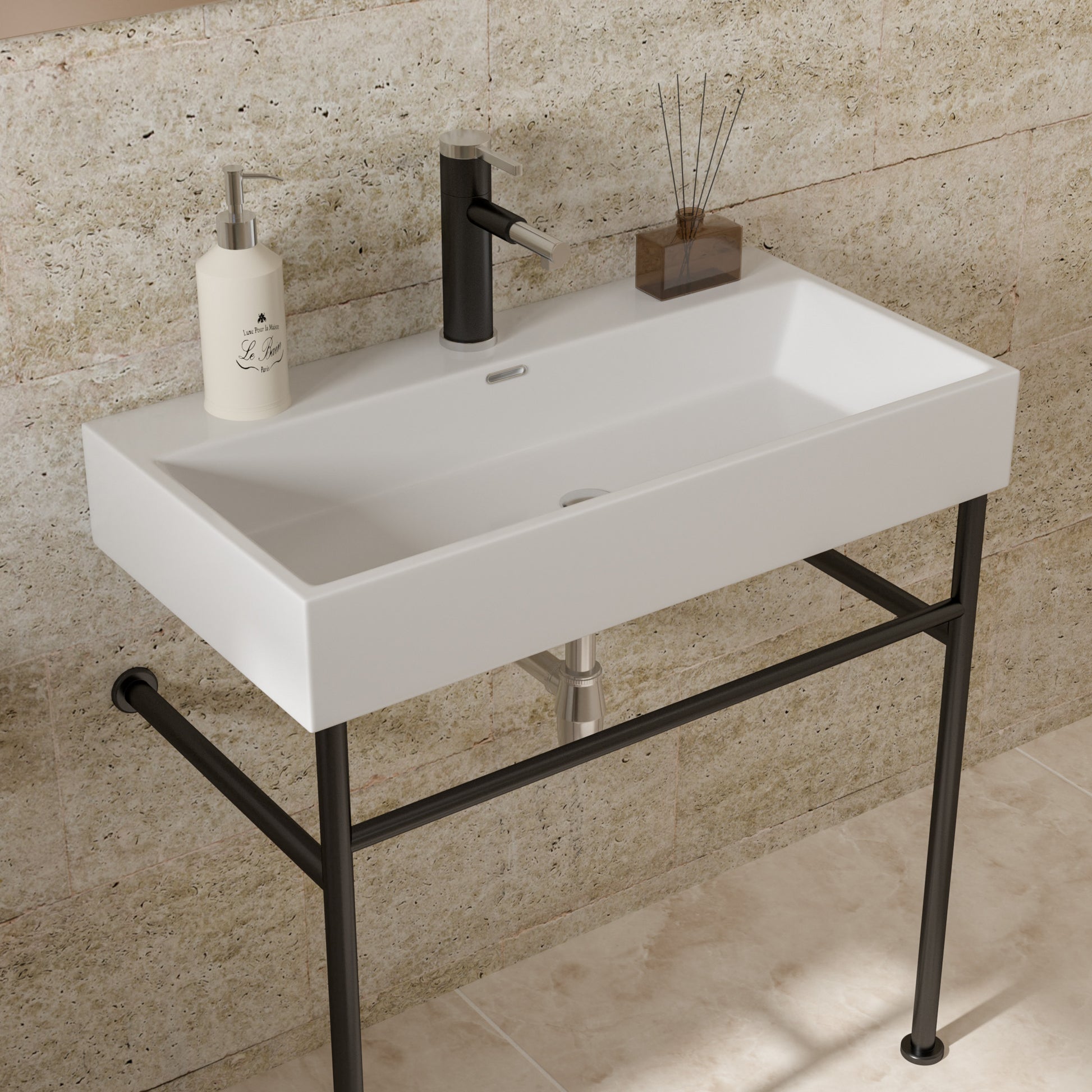 35" Bathroom Console Sink With Overflow,Ceramic Console Sink White Basin Black Legs White Ceramic