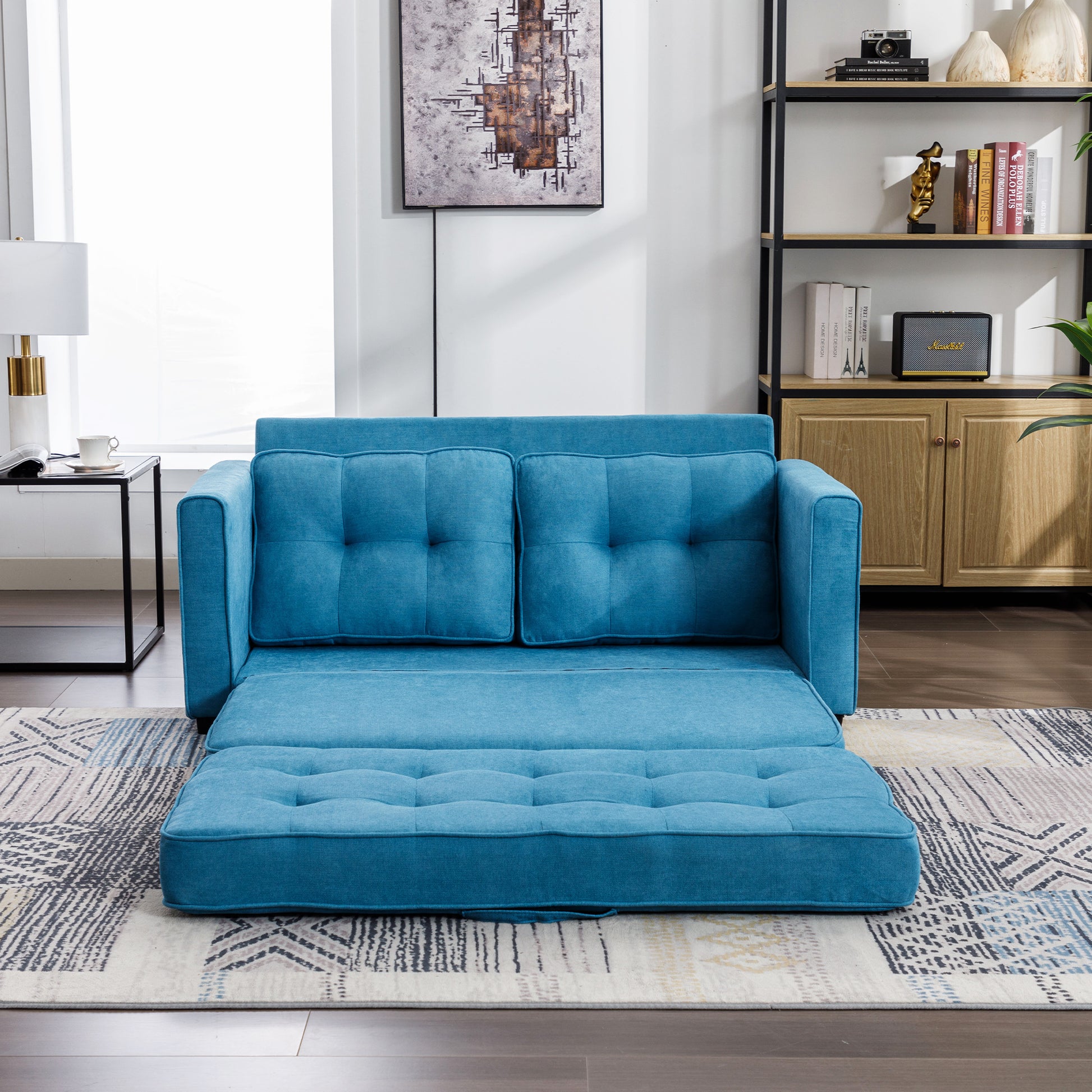 59.4" Loveseat Sofa With Pull Out Bed Modern Upholstered Couch With Side Pocket For Living Room Office, Blue Blue Chenille