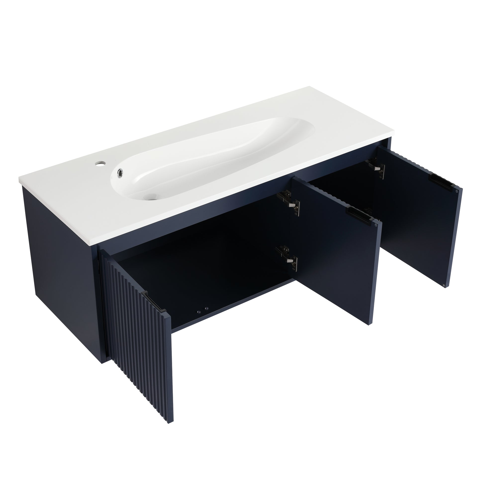 48" Floating Bathroom Vanity With Drop Shaped Resin Sink Navy Blue 3 Bathroom Wall Mounted Modern Plywood