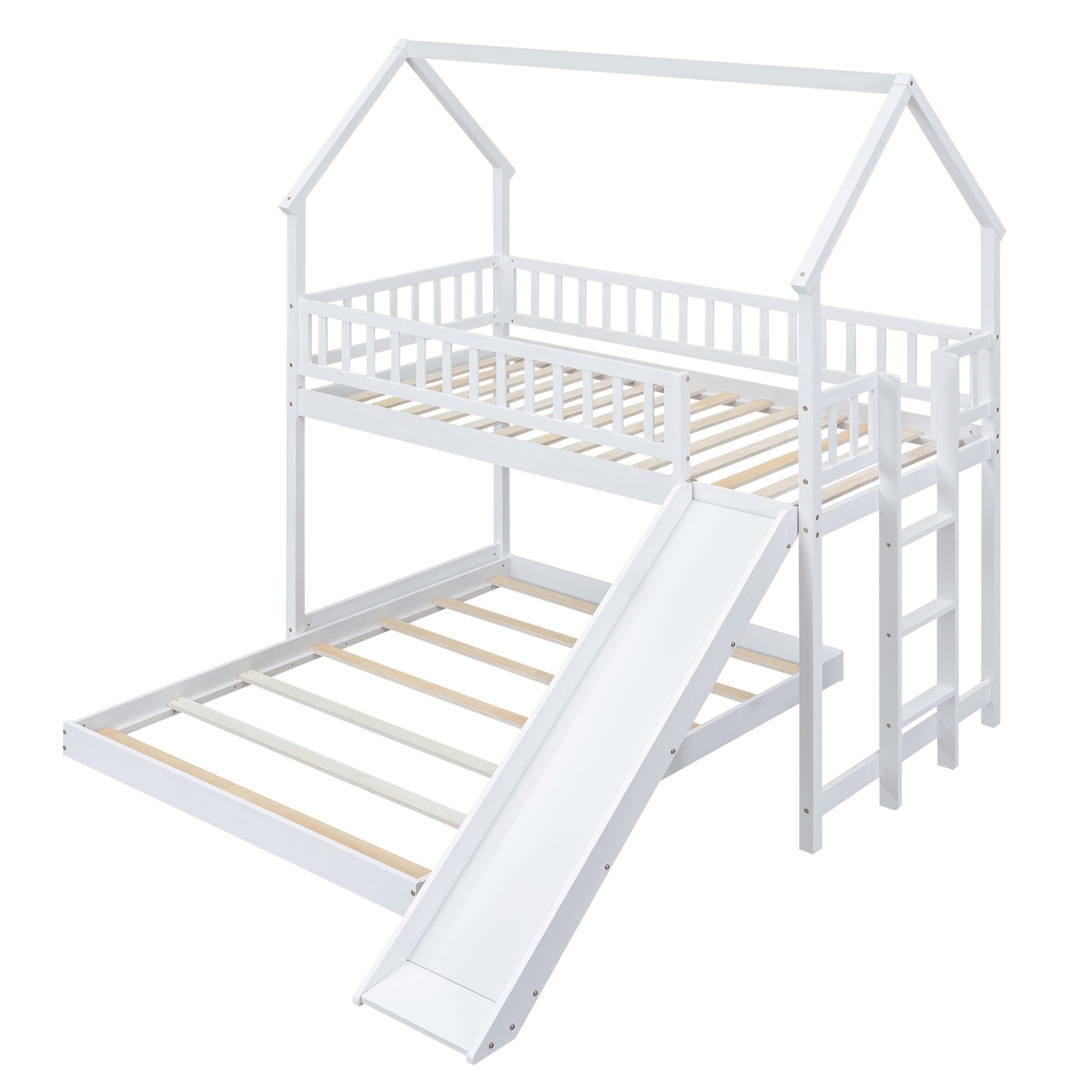 Twin Over Full House Bunk Bed With Slide And Built In Ladder, Full Length Guardrail, White White Pine