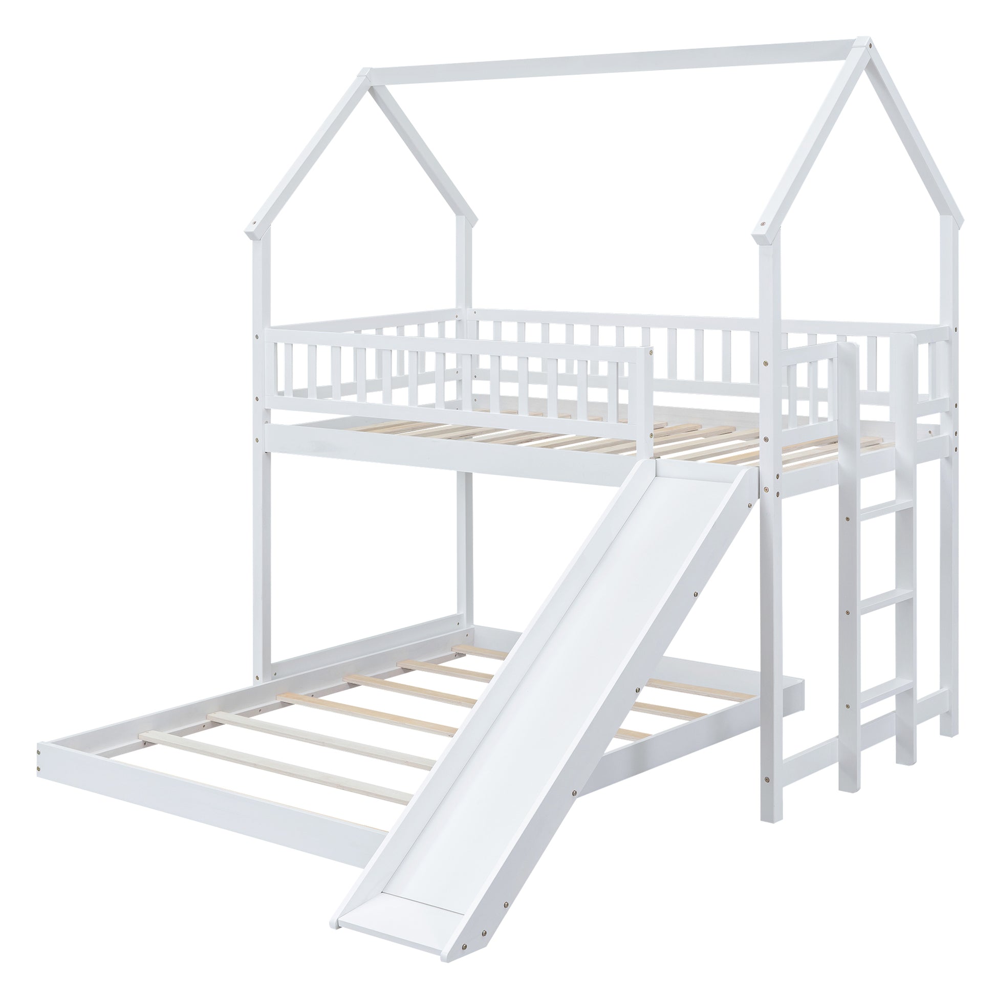 Twin Over Full House Bunk Bed With Slide And Built In Ladder, Full Length Guardrail, White White Pine